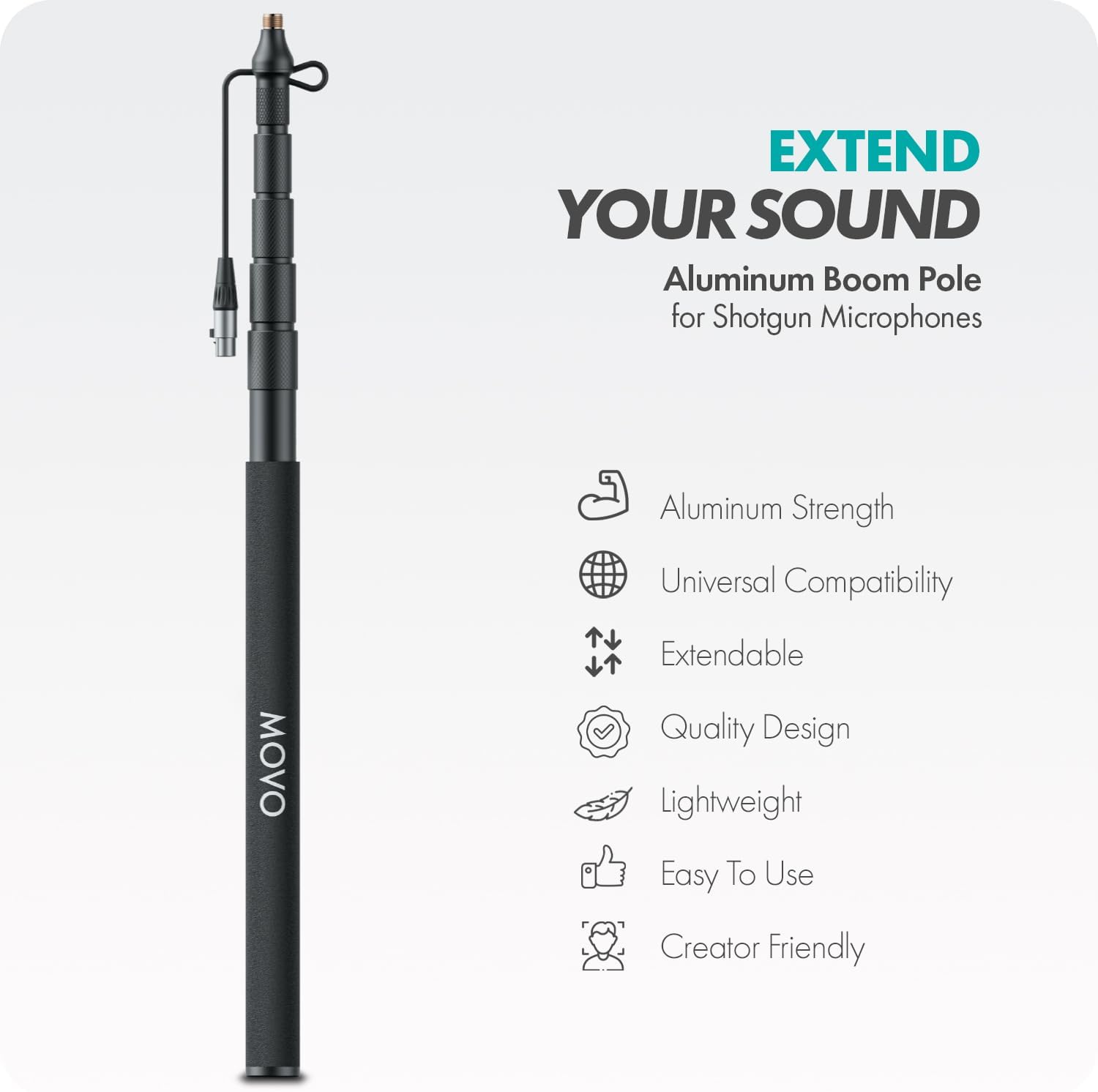 Movo CMP-17C Professional 9.8' Aluminum Boom Pole for Shotgun Microphones with Internal XLR Cable – Compatible with Rode NTG Series, Sennheiser MKE600, Audio-Technica AT875R & More