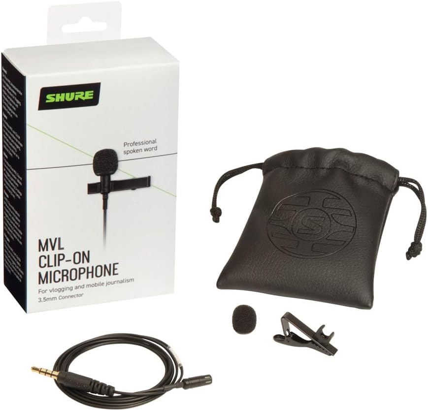 Shure MVL Lavalier Microphone for iPhone & Tablet - External Clip On Mini Lapel Mic for Video Recording & Vlogging with 3.5mm Connector, Windscreen, Mount & Carrying Pouch