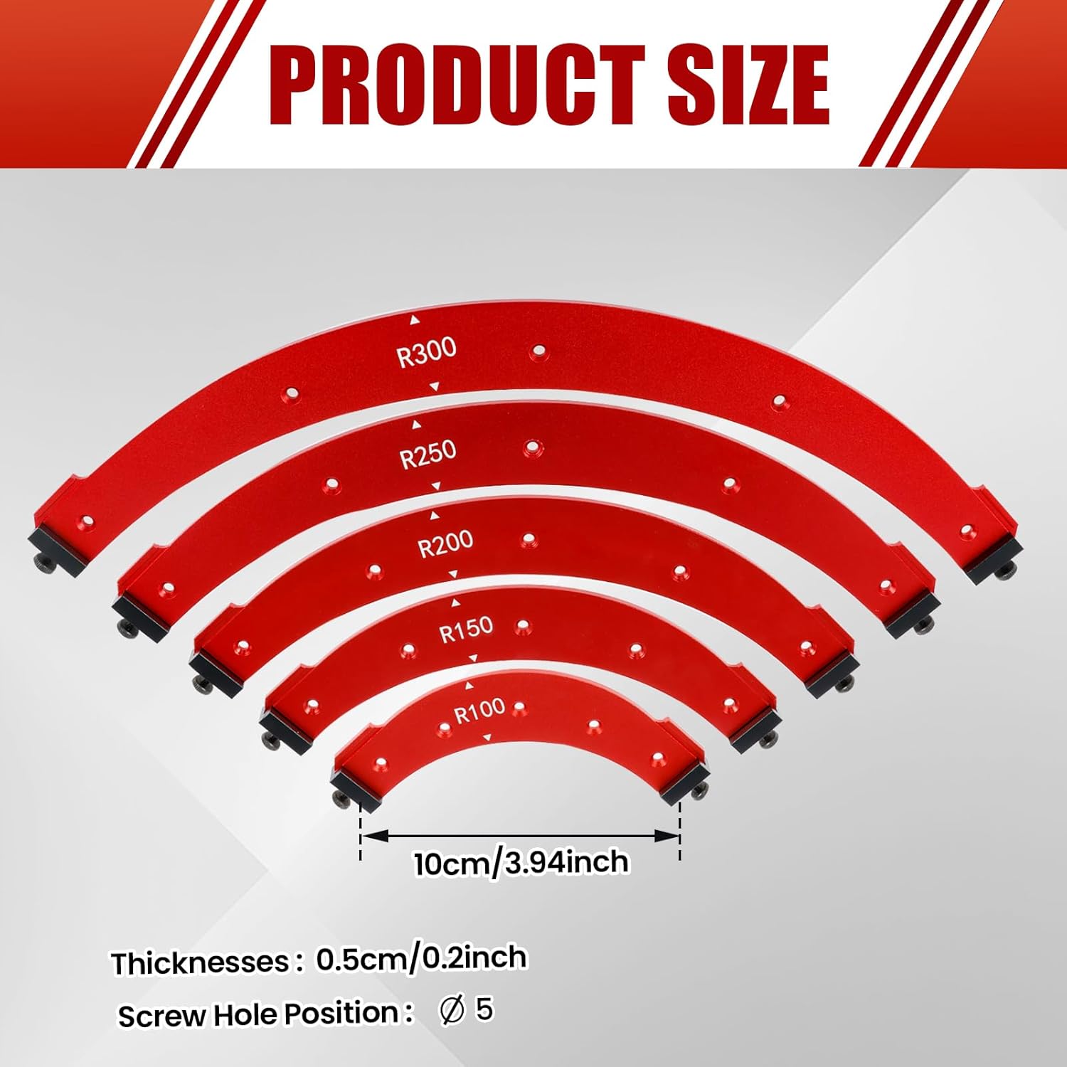5Pcs Round Corner Radius Template Aluminum Alloy Radius Jig Router Template Arc Angle Positioning Auxiliary Tool Portable Corner Positioning Jig R100/R150/R200/R250/R300