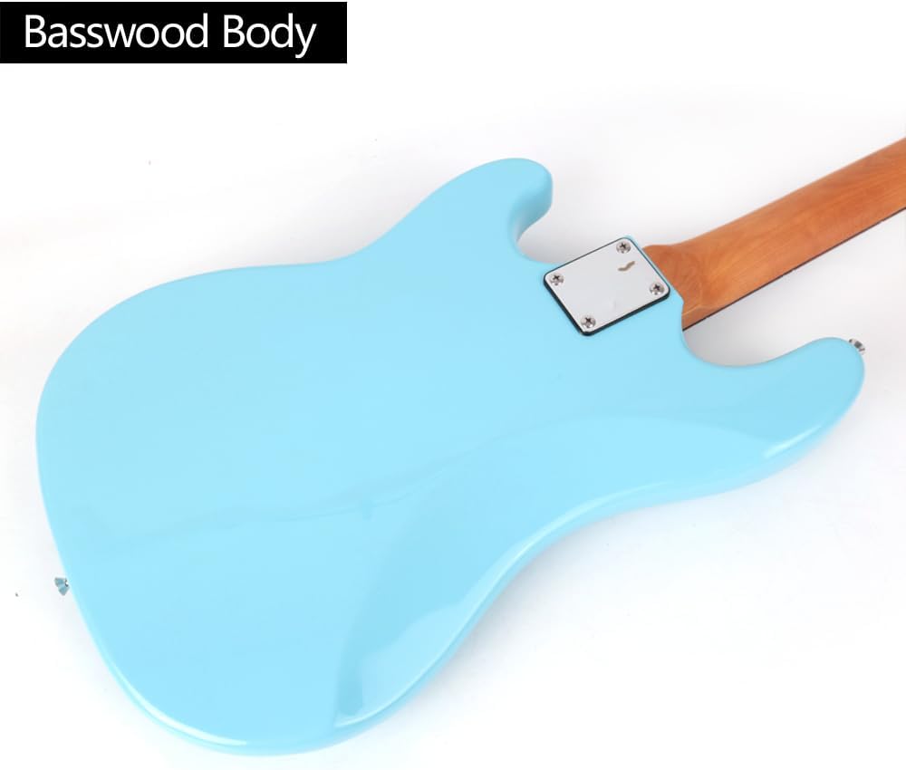 Fojill Full Size Standard Electric Bass Guitar Four 4 String Right Hand Handed Basswood Body Roasted Canadian Maple Neck Genuine Rosewood Fretboard Fingerboard with Gig Bag (Blue)