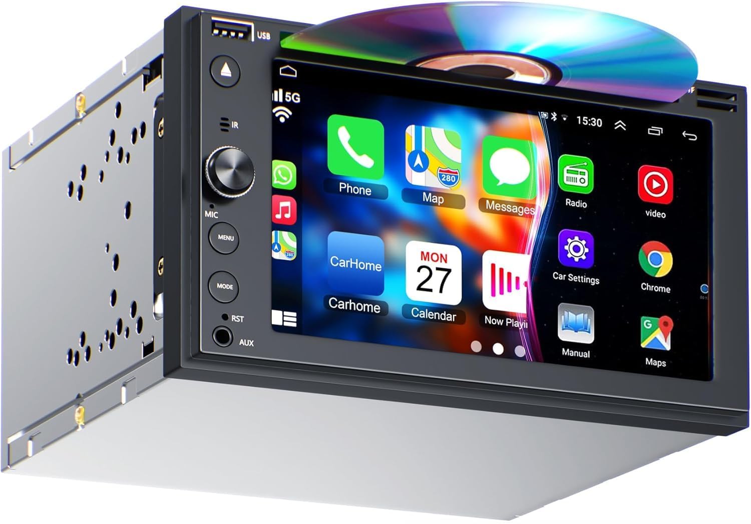 Double Din Car Stereo with CD/DVD Player, 7-inch Touch Screen Car Stereo with Apple CarPlay&Android Auto, Bluetooth5.2, Backup Camera, Mirror Link, Subwoofer, SWC, Subwoofer, AM/FM Car Radio Receiver