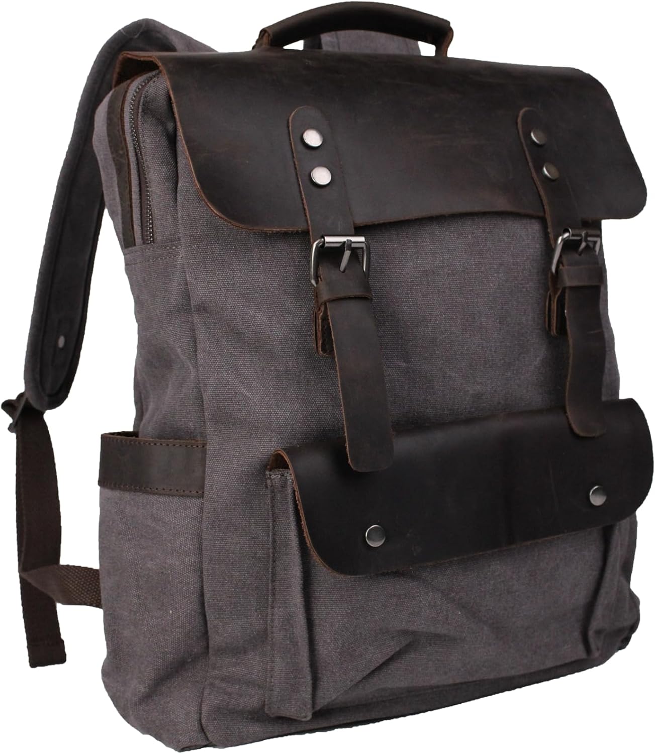 Vintage Canvas with Top-Grain Cowhide Leather Backpack, Work Bag for 16-Inch Laptops, Men and Women's Travel Backpack (064-Gray)