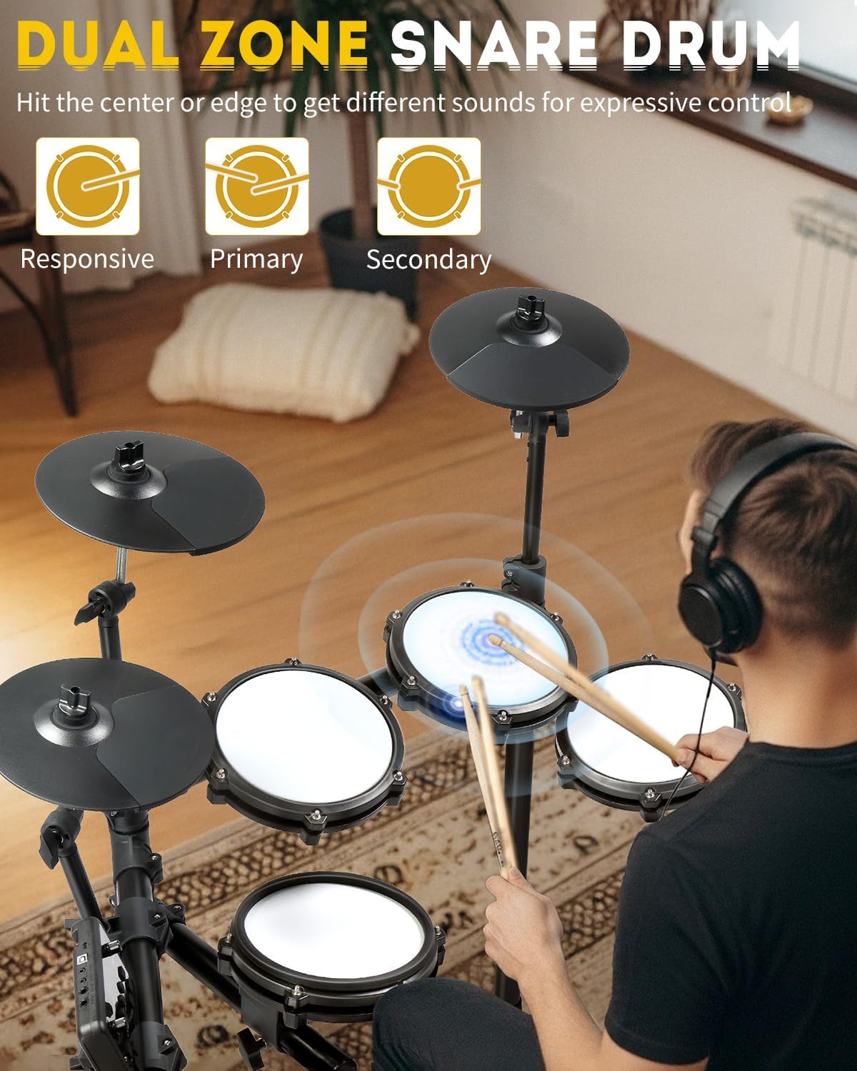 Ktaxon Electric Drum Set, Electronic Drum Set with USB MIDI, Dual Power Modes, 3 Smart Coaching, Dual Zone Triggering, Metronome, Record, 225 Authentic Sounds, 64 Polyphony & 30 Demos for Adults(Full)