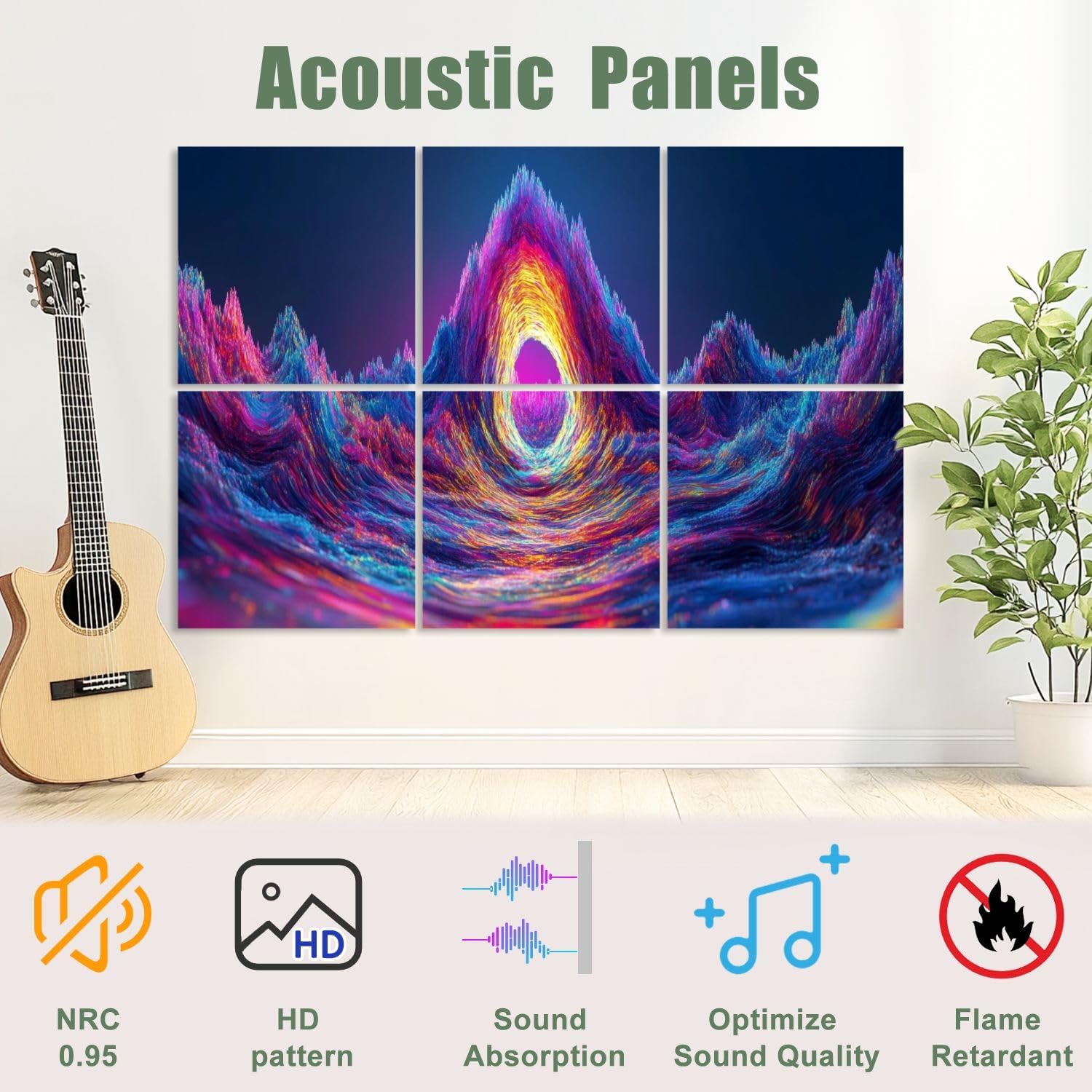 6 Pack Art Acoustic Panels Sound Absorbing Abstract Mountain Nature Peak Light Color Triangles Lines Contrasting Decorative Soundproof Wall Panels Self Adhesive for Recording Studios Office 72