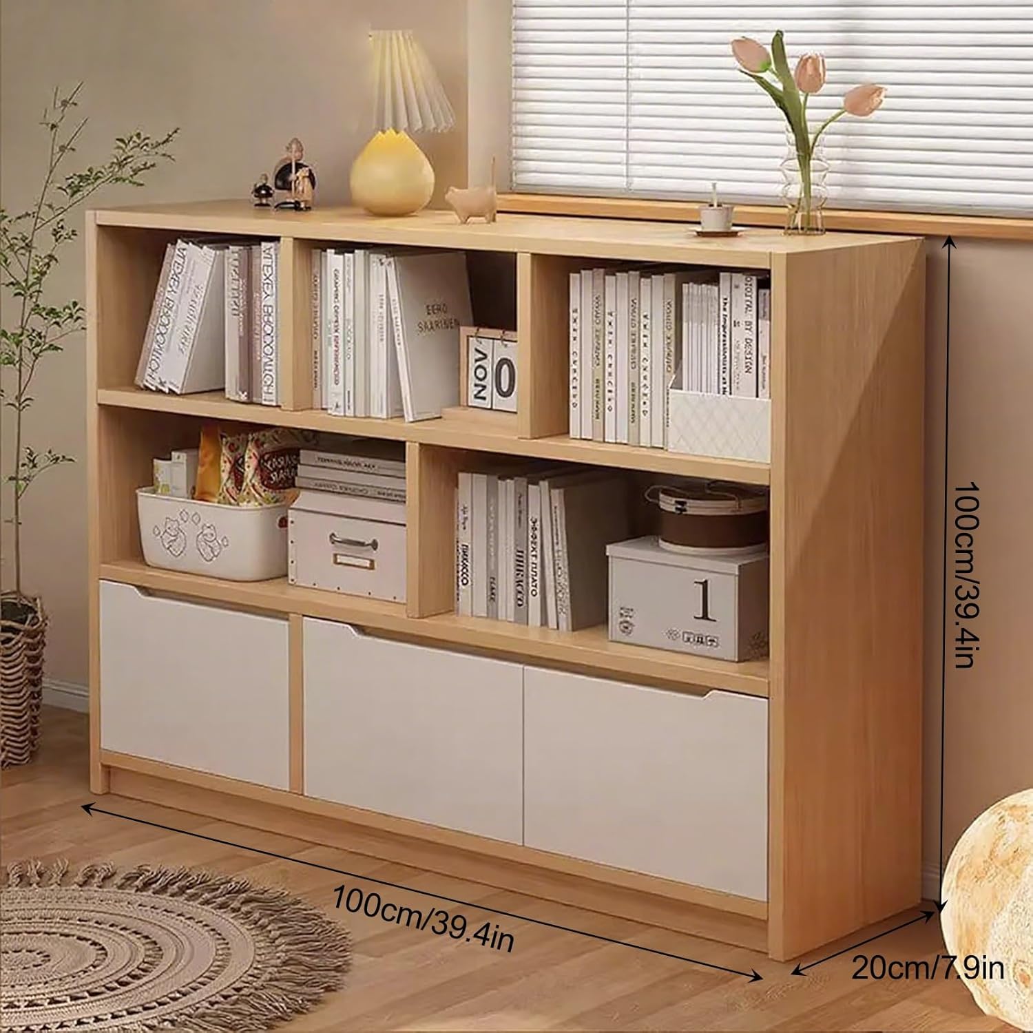 Modern Short Bookshelf with Cabinet Wood Bookcase with 3 Drawers, Large Display Shelf Book Shelf Freestanding Display Rack Shelving Unit(Brown,100cm/39.4in)