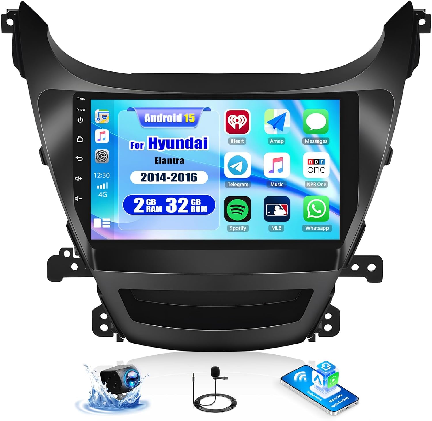 CAMECHO Android 15 Car Stereo for Hyundai Elantra 2014-2016 Radio,Wireless Carplay Android Auto Mirror Link, 9
