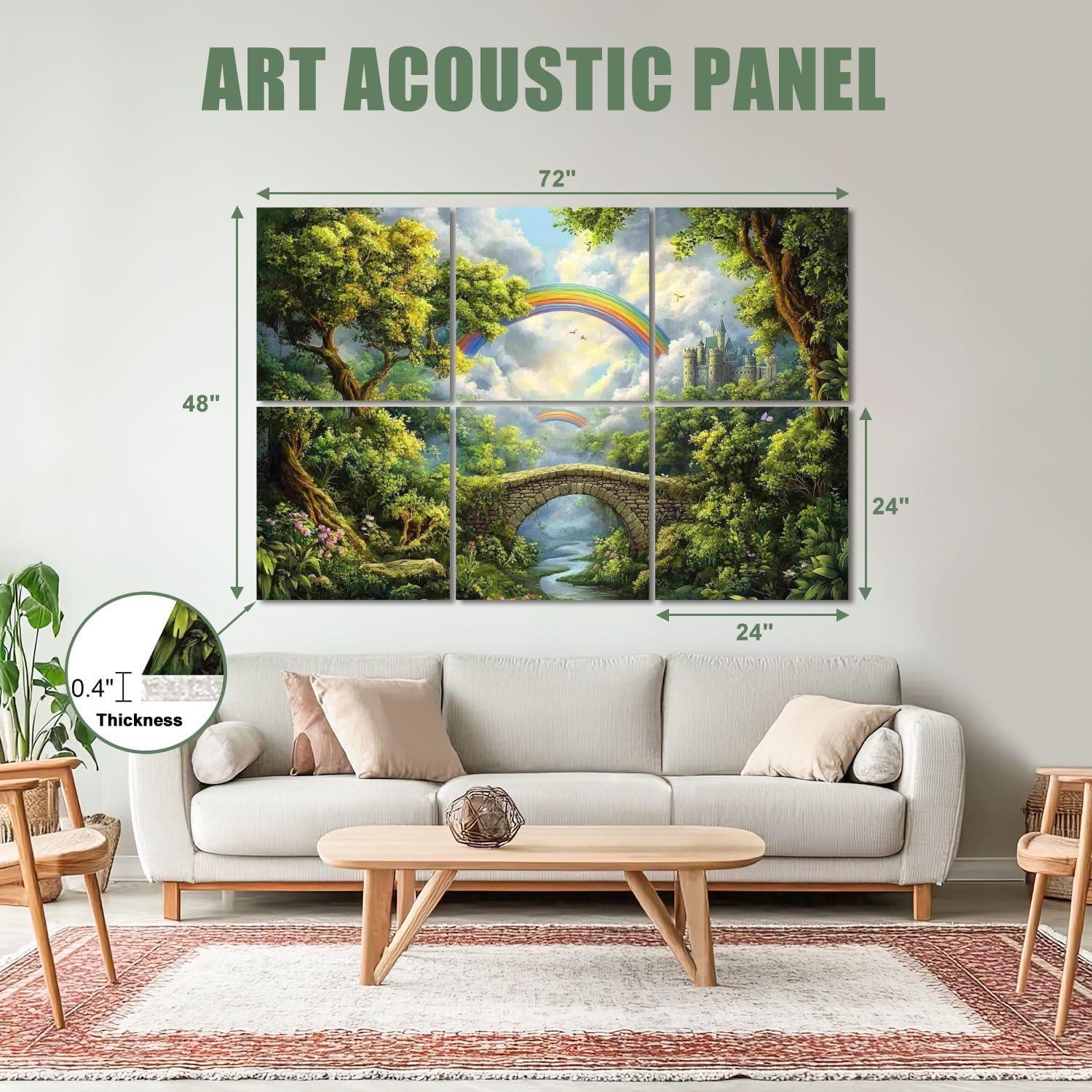 6 Pack Art Acoustic Panels Sound Absorbing Castle Stone Bridge Colorful Rainbow Dense Forest Vivid Colors Nature Decorative Soundproof Wall Panels Self Adhesive for Recording Studios Office 72