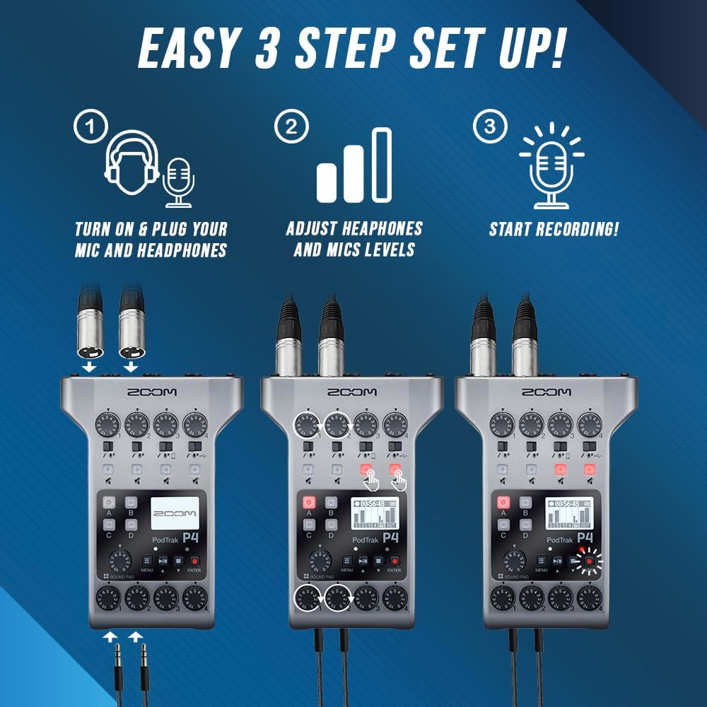 Zoom PodTrak P4 Portable Multitrack Podcast Recorder, Audio Interface w/ 4 Mic Inputs, 4 Headphone Outputs with 64GB SD, 2X XLR Cable, Headphone w/Built-in Mic, Batteries, and More