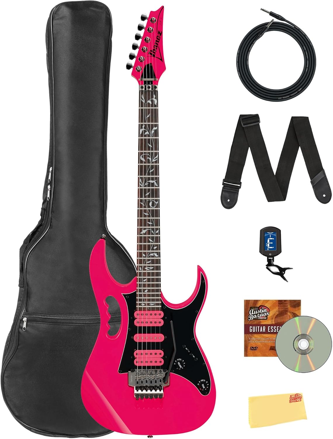 Ibanez JEMJRSP JEM Steve Vai Electric Guitar - Pink Bundle with Gig Bag, Tuner, Strap, Cable, Austin Bazaar Instructional DVD, and Polishing Cloth