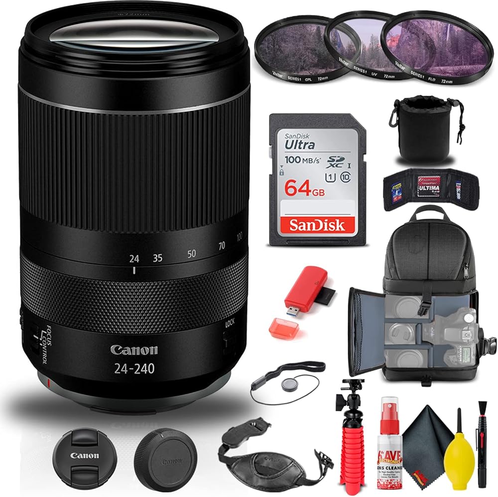 Canon RF 24-240mm f/4-6.3 is USM Lens (3684C002) + Filter Kit + Backpack + 64GB Card + Lens Pouch + Card Reader + Flex Tripod + Memory Wallet + Cap Keeper + Cleaning Kit + Hand Strap + More (Renewed)