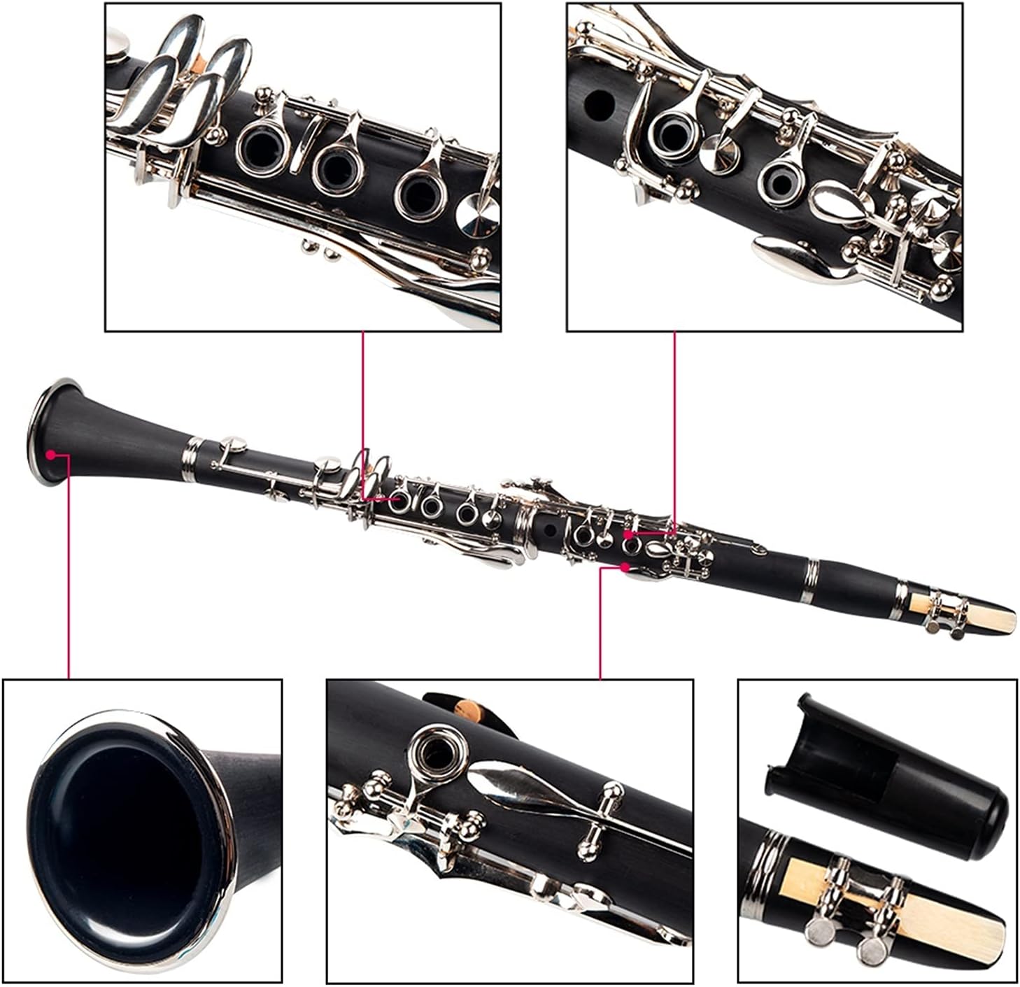 Standard Clarinet Black ABS Clarinet Bb Cupronickel Plated Nickel 17 Key with Cleaning Cloth Gloves Woodwind Instrument Beginner Clarinet
