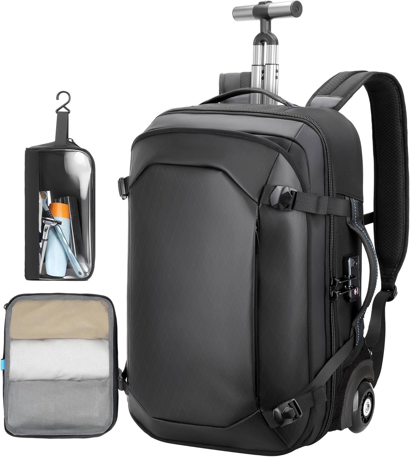 Rolling Laptop Backpack, 2 in 1 Carry on Backpack with Wheels, Water Resistant Carry on Suitcase with 2 Packing Cubes, TSA Large Travel Wheeled Backpack for Men to Airline Work Business, Black