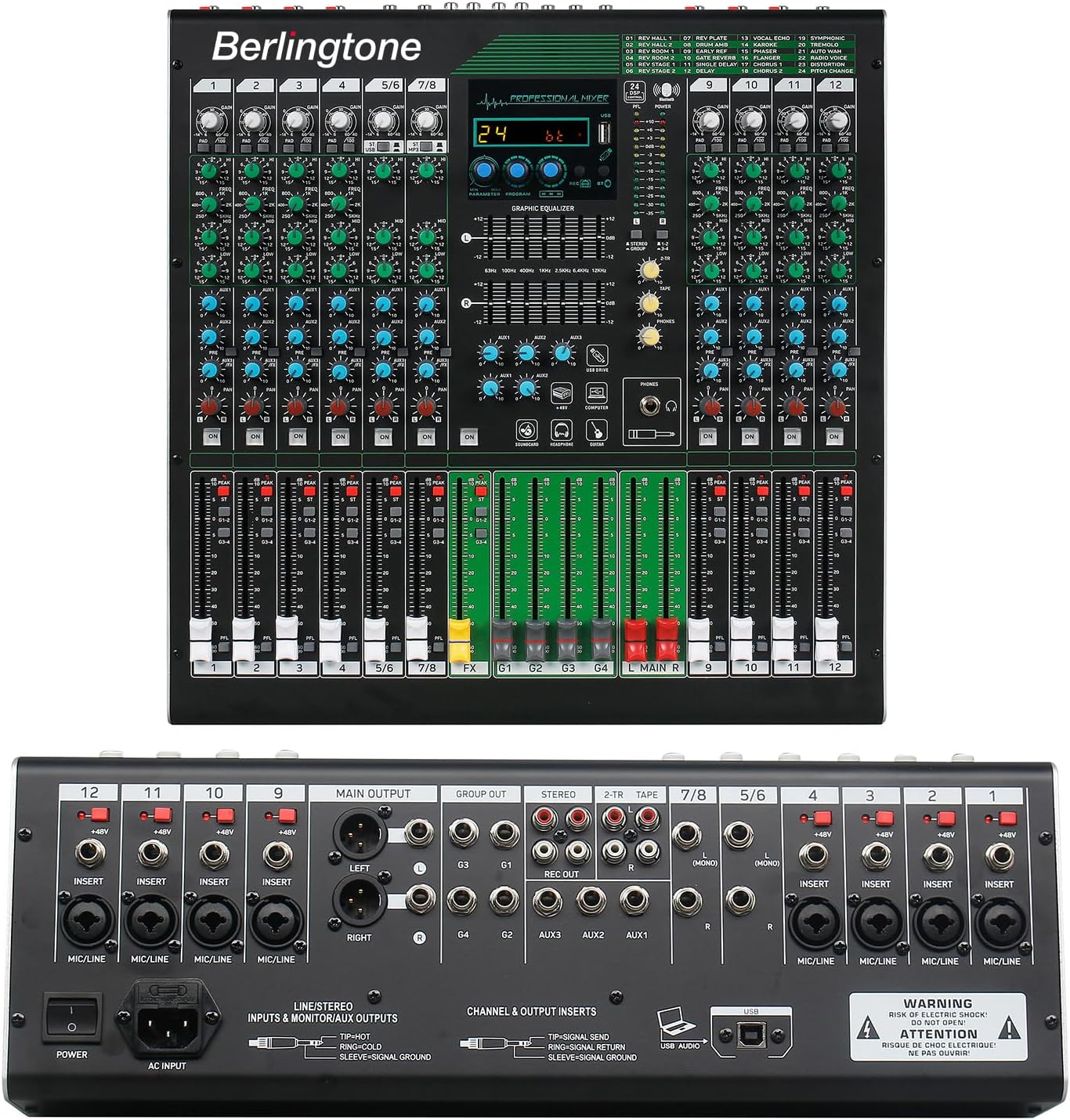 12-Channel Professional Bluetooth Analog Audio Mixer with USB, PC Recording, 24 DSP Effects, 48V Phantom Power, 10 Microphone Jack, 14 Band EQ, RCA Input/Output, Unpowered (BR-212MX)