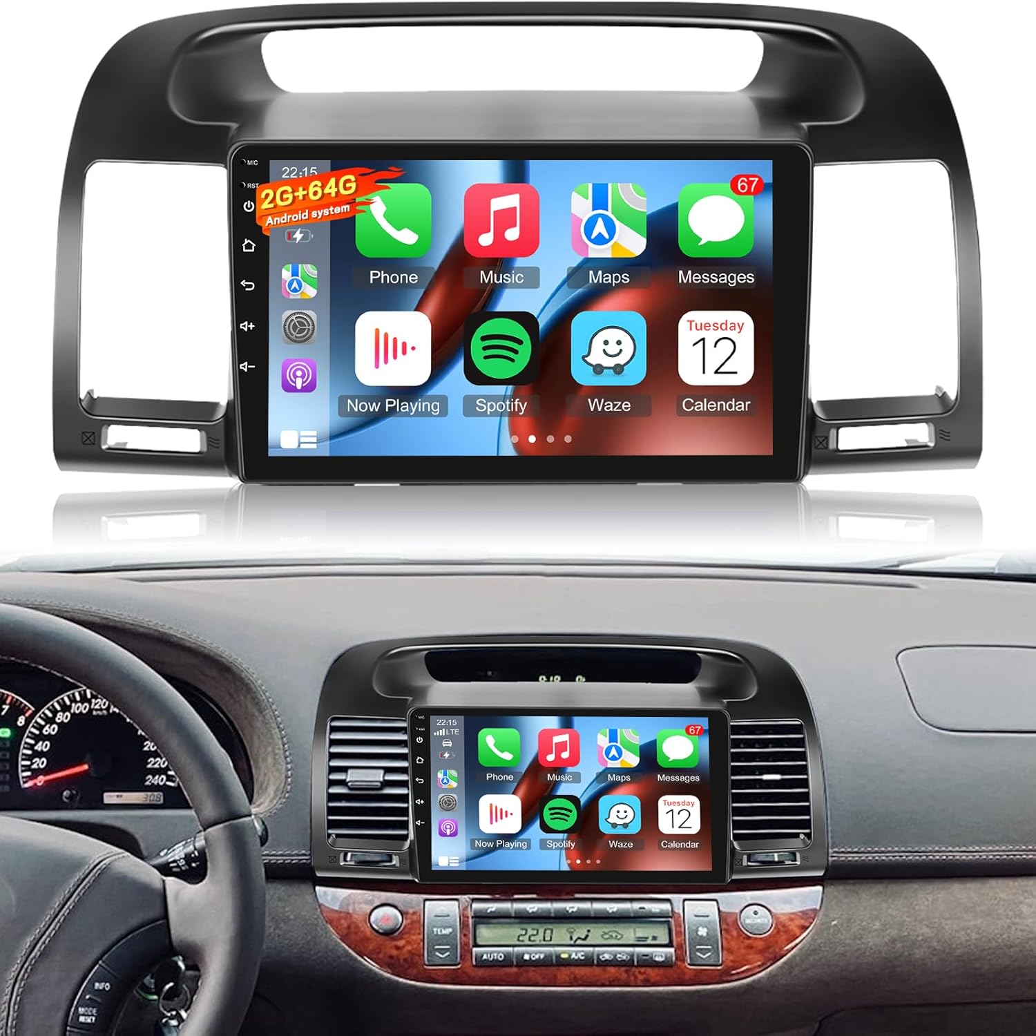 [2GB+64GB] Car Radio for Toyota Camry 2000-2006 with Carplay&Android Auto, 9 inches Android Touch Screen Toyota Camry Car Stereo, 1080P/EQ Audio/Bluetooth/FM RDS/SWC