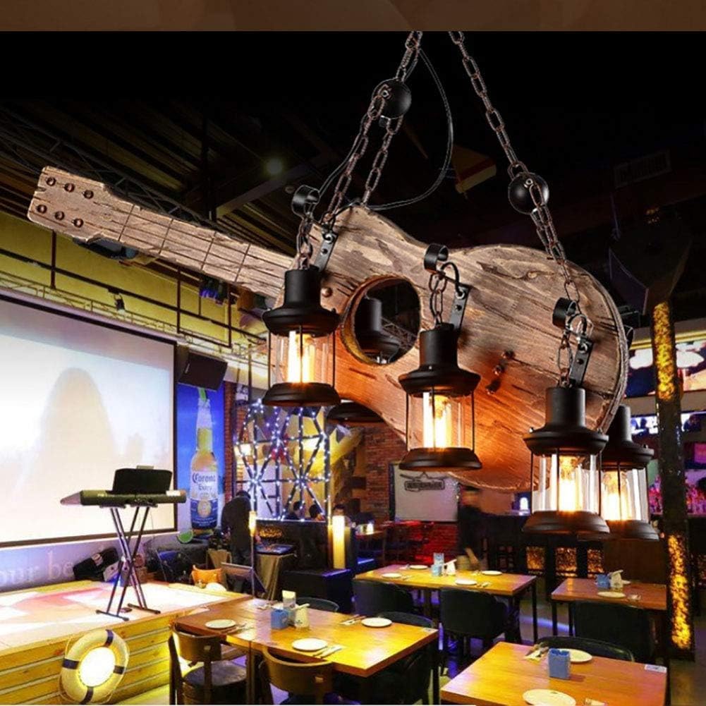 Farmhouse Chaners 6 Lights Unique Guitar Bass Wooden Rustic Retro Pendant Light Fixture Compatible with Restaurant Bar Kitchen Dinging Room