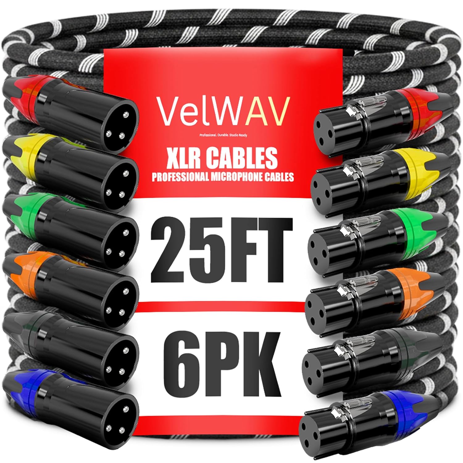 XLR Cables – 6-Pack 25ft Professional Microphone Cables with Multicolored Tips – Hi-Fi Sound – 3-Pin Male to Female XLR Microphone Cable Set – Oxygen-Free Copper Wiring - Durable Braided Jacket