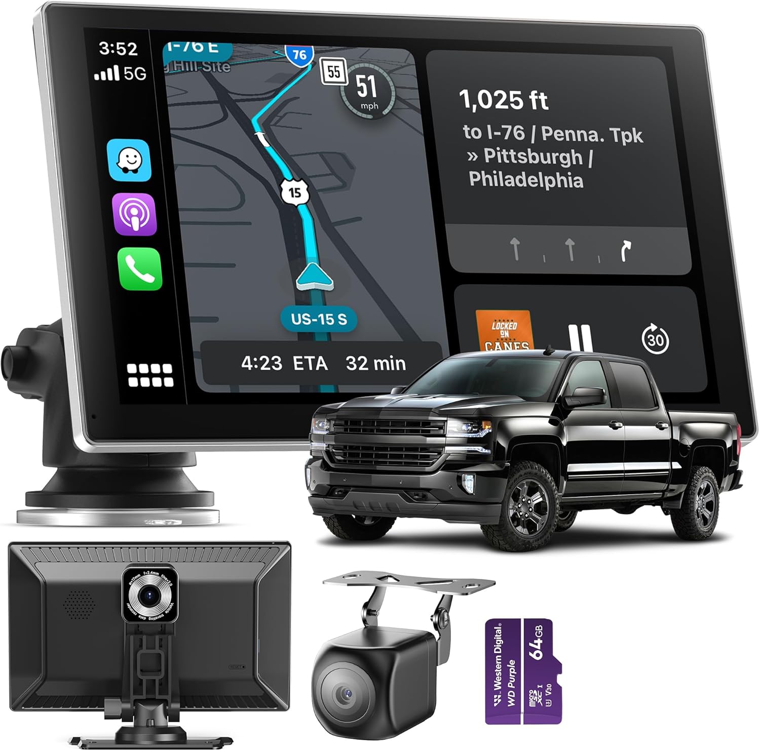 Portable CarPlay Screen for Car, 9'' Wireless Apple CarPlay & Android Auto Screen for Car, 4K Dash Cam, 1080P Backup Camera, GPS Navigation/Bluetooth/FM/Siri Voice Control for All Vehicles