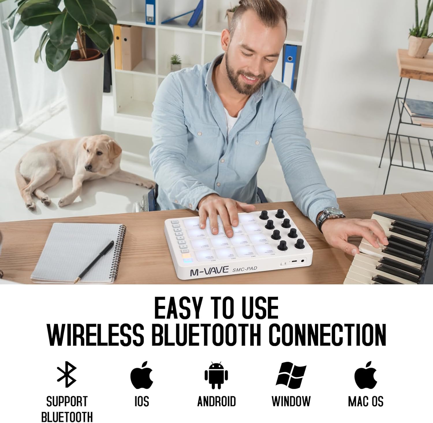 Wireless MIDI Controller Pads, Bluetooth Portable USB MIDI Controller with 16 Drum Pads, 8 Assignable Knobs, Note Repeat, Full Level Buttons, Rechargeable battery (White Pad)