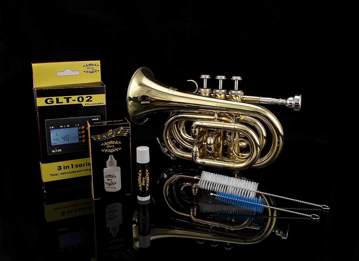 Glory Bb Pocket Trumpet with Case, Cleaning Cloth, Gloves, Gold Lacquer (LAQUER)