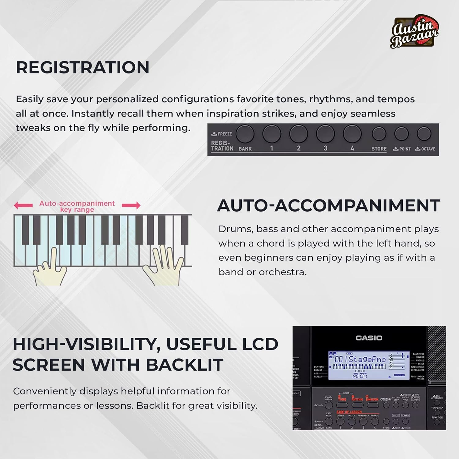 Casio CT-X700 Portable Keyboard Bundle with Adjustable Stand, Bench, Headphones, Sustain Pedal, Power Supply, Instructional DVD, and Austin Bazaar Polishing Cloth