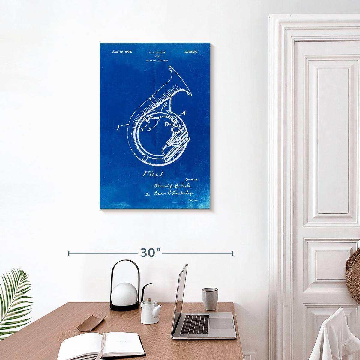 Elephant Stock - Faded Blueprint Sousaphone Patent Poster Wall Art - Vertical Canvas Wall Art - Hallway Wall Decor - Drawing Music Blueprints Canvas Art - Blue And White Decor by Cole Borders - 20
