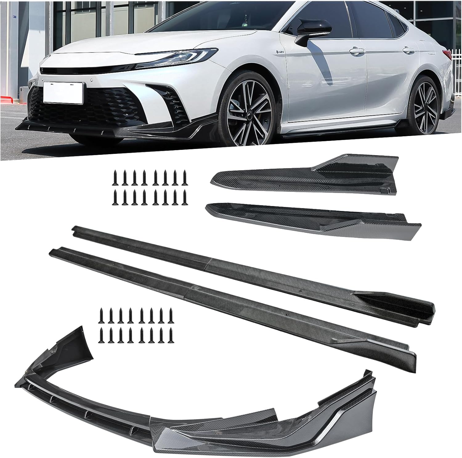 Car Front Bumper Lip + Side Skirts + Rear Bumper Lip Diffusers Suitable for Toyota Camry SE XSE 2024-2025, Carbon Fiber Pattern, ABS Materials (1 Set of 3 PCS-Carbon Fiber Pattern)