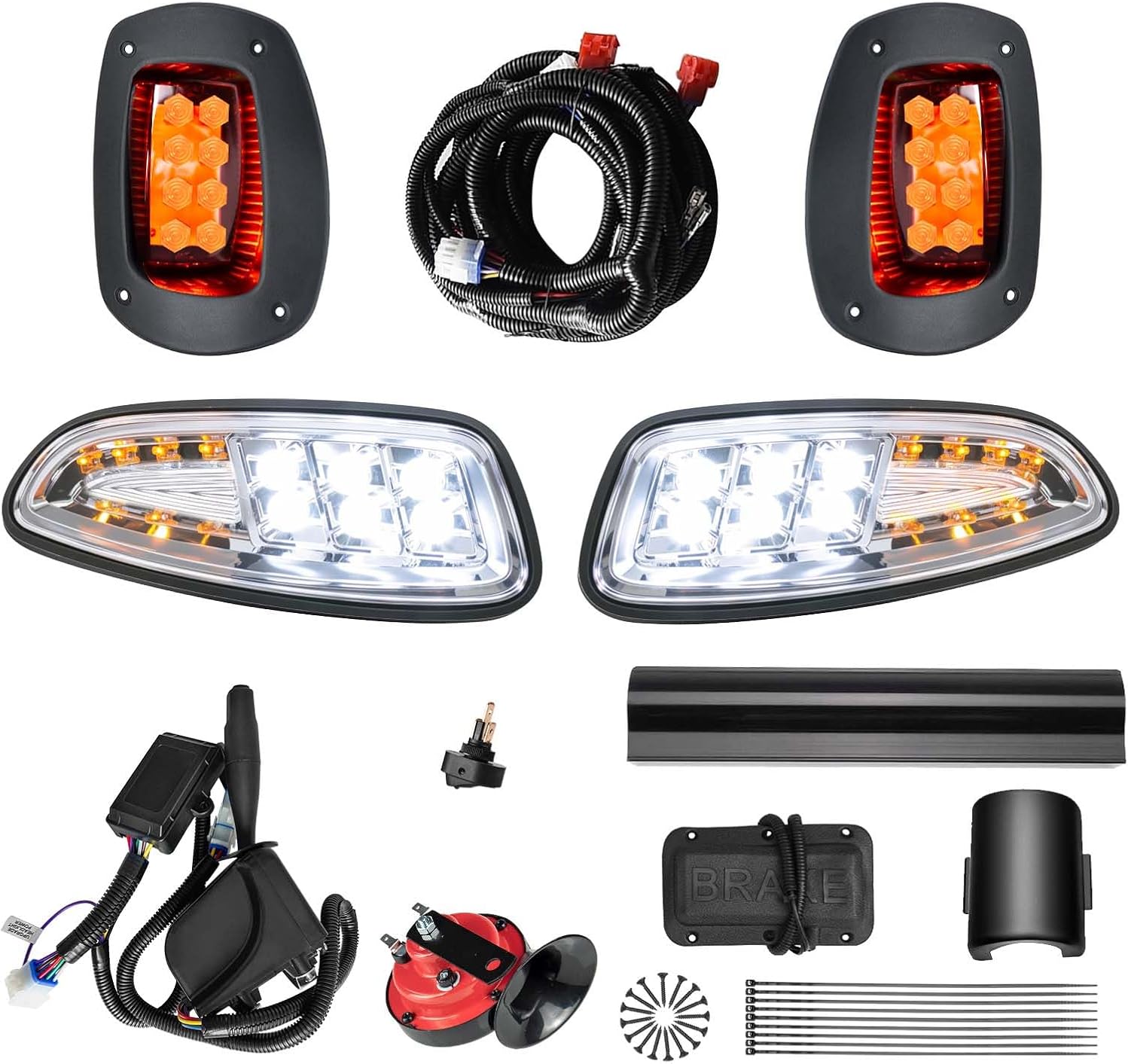 Deluxe LED Headlight Taillight Golf Cart Light Kit Compatible EZGO RXV 2008-2015, 12V Street Legal Golf Cart Lights Kit with Turn Signal Switch, Brake Pad, Horn