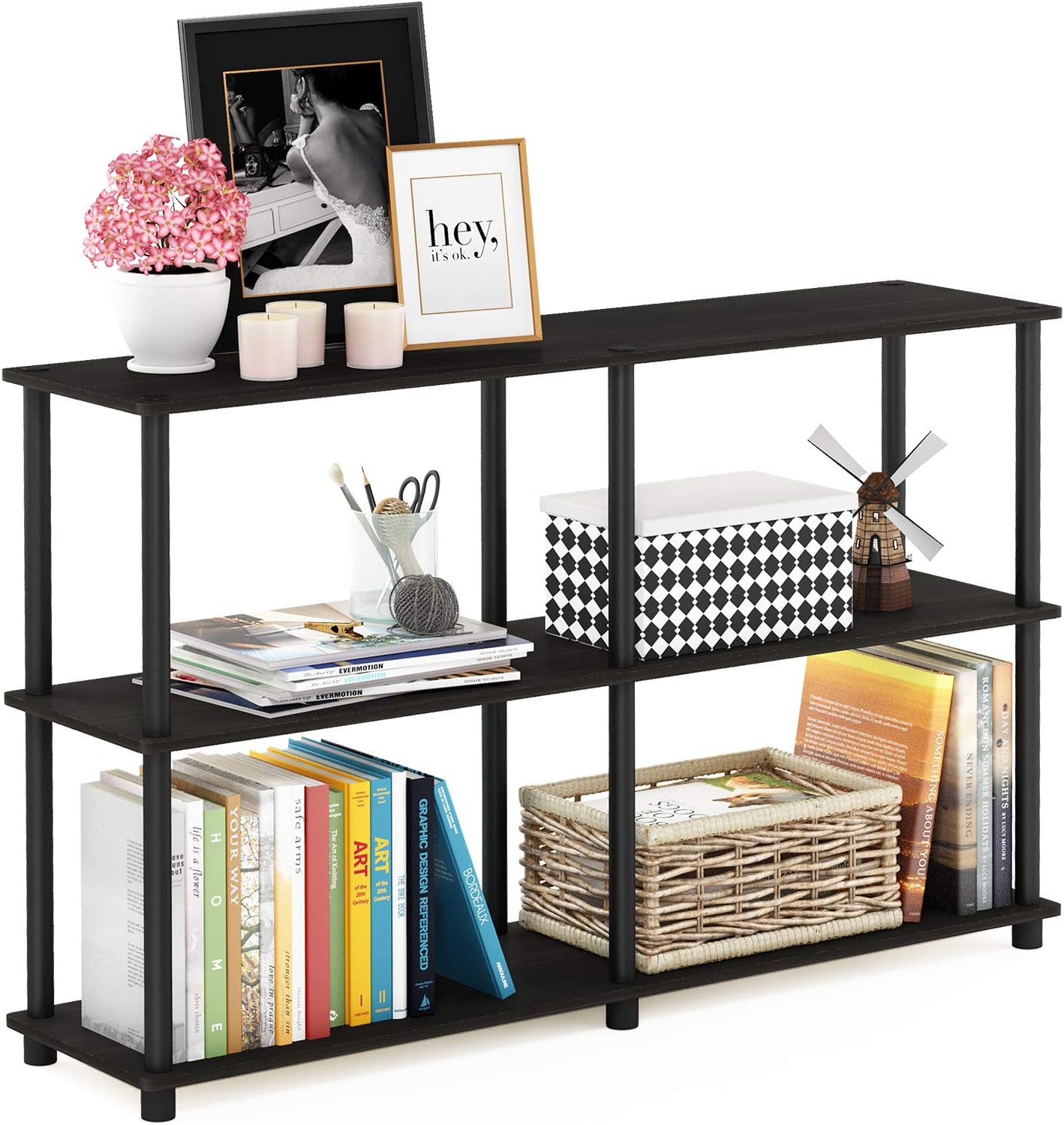 Furinno TURN-N-TUBE Storage Shelves, 3-Tier 47.4 Wide Book Shelf, Corner Shelf, Toolless Open Shelves, for Organization and Storage, Living Room, Garage, Home Office, Espresso