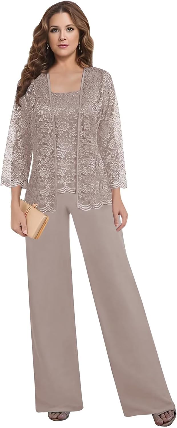 3 Pieces Pant Suits for Women Dressy - Chiffon Lace Mother of The Bride Pant Suits for Wedding with Jacket Taupe