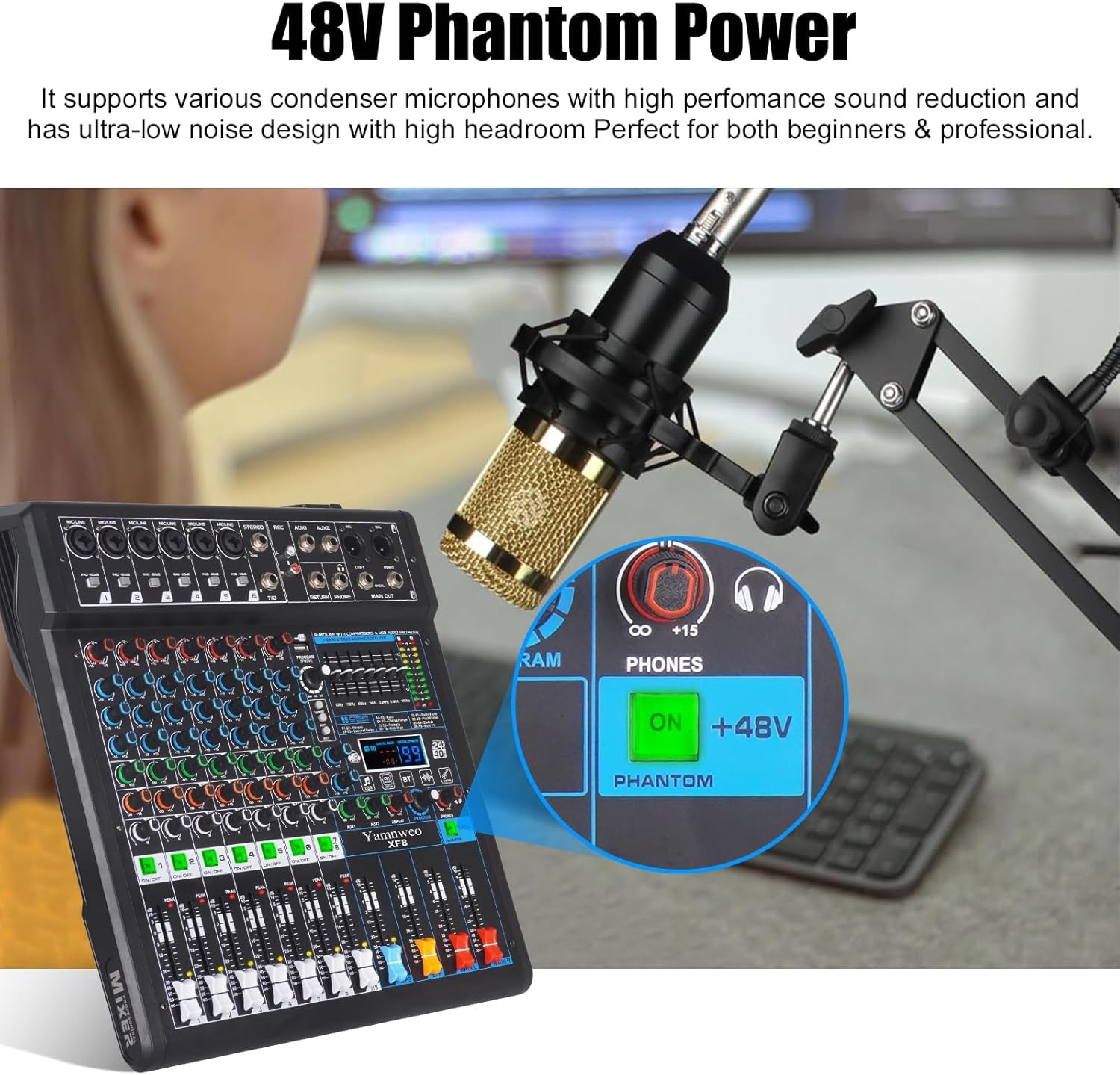XF8 Professional Audio Mixer Sound Board Console Desktop System Interface 8 Channel Digital USB Bluetooth MP3 Computer Input 48V Phantom Power Supply Built-in 99 Reverb Effect (XF8)