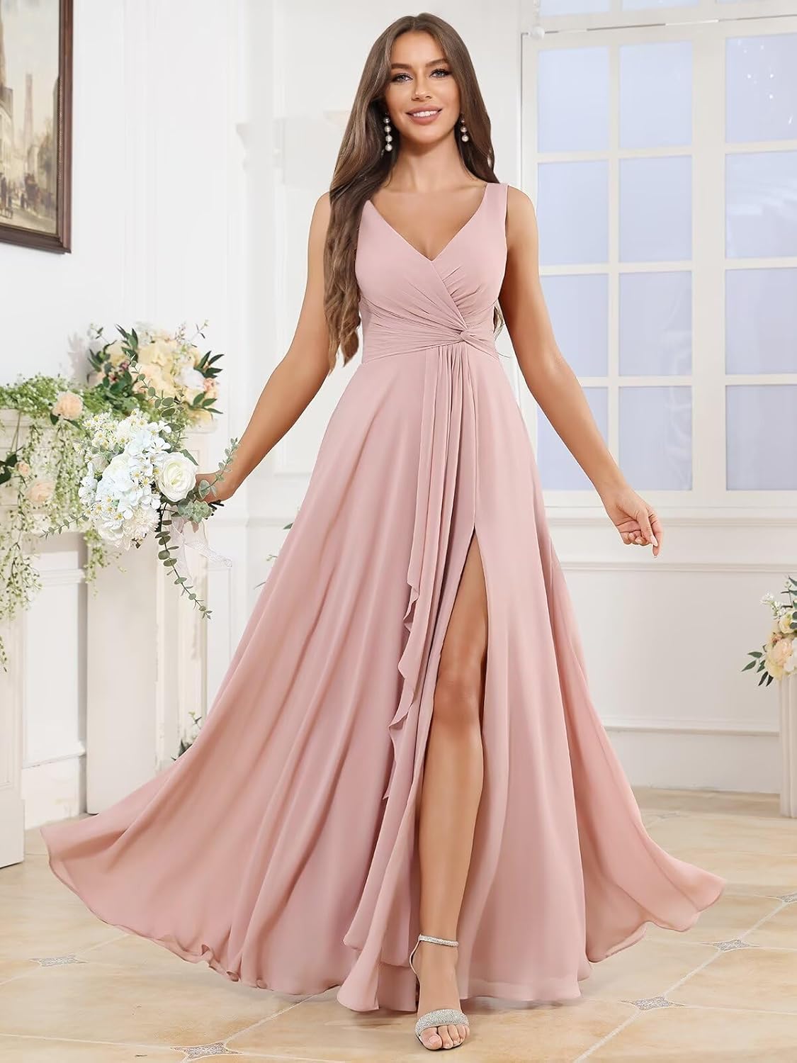 BOLENSYE Bridesmaid Dresses Long Ruched Ruffles Chiffon A Line Evening Party Gown with Pockets Slit