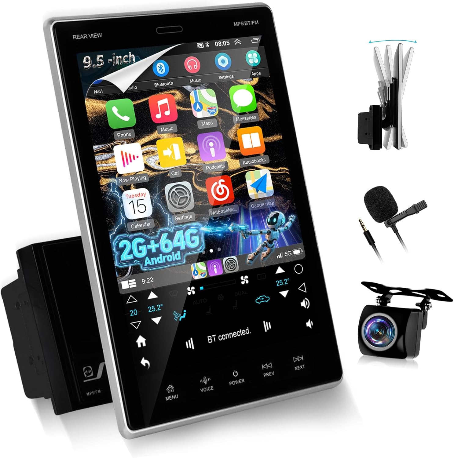 2G+64G Android Double Din Car Stereo 9.5 inch Touch Screen Vertical Radio - Wireless Carplay & Android Auto/Bluetooth/EQ Audio/SWC/GPS Navigation/FM RDS