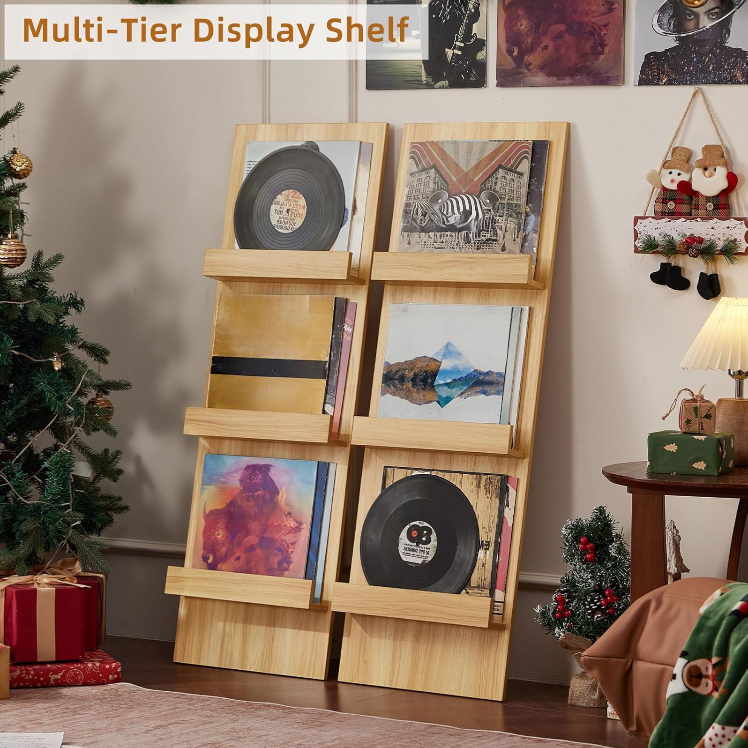 LELELINKY Wall Mount Vinyl Record Holder Set of 2 with 3 Tier Display Area, 47.5'' Tall Record Storage Magazine Holder, Book Shelf Holder Holds Up to 15 Vinyls Albums/CD for, Living Room, Music Room