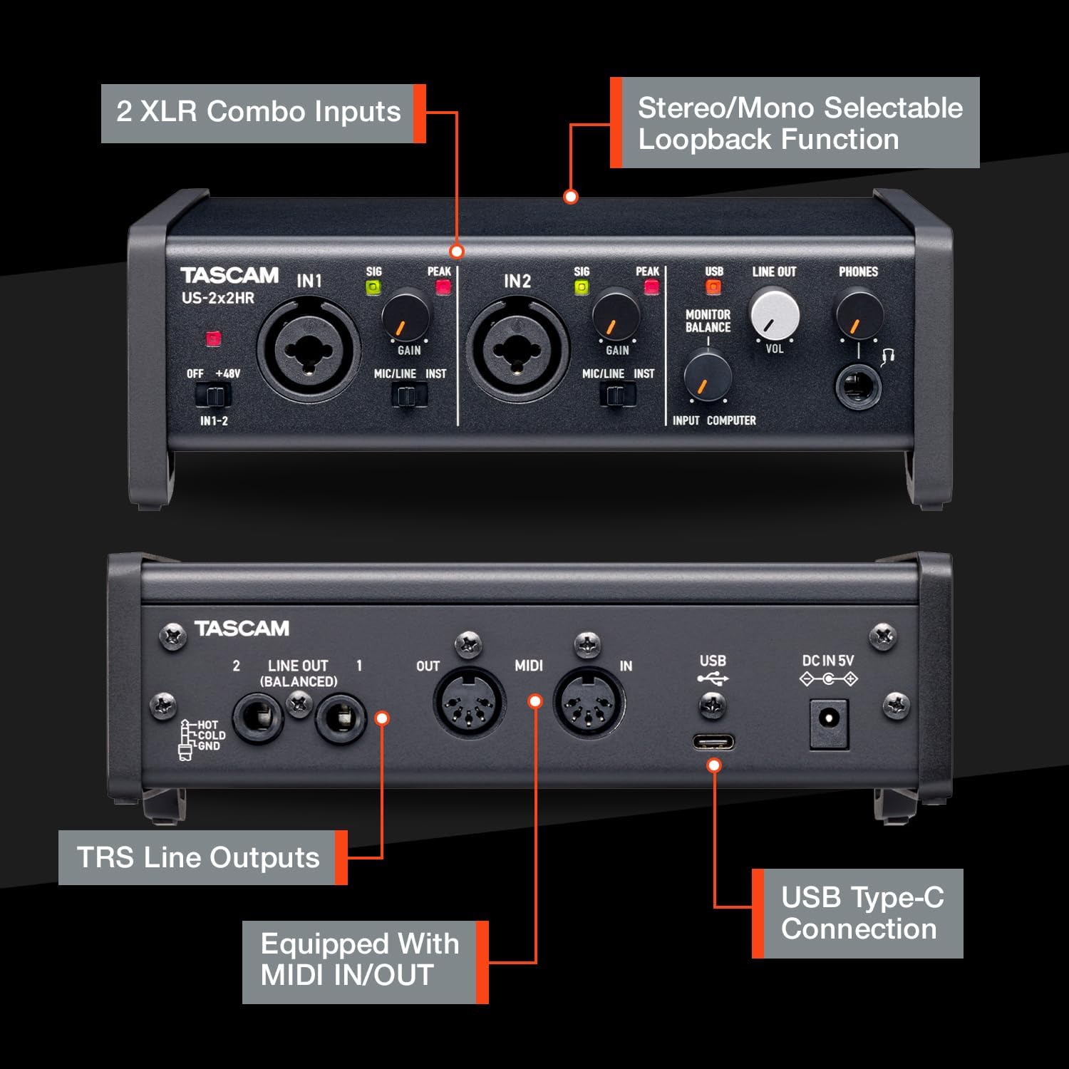 Tascam US-2x2HR 2 Mic 2IN/2OUT High Resolution Versatile USB Audio Interface for Recording, Streaming, Podcasting, Songwriting