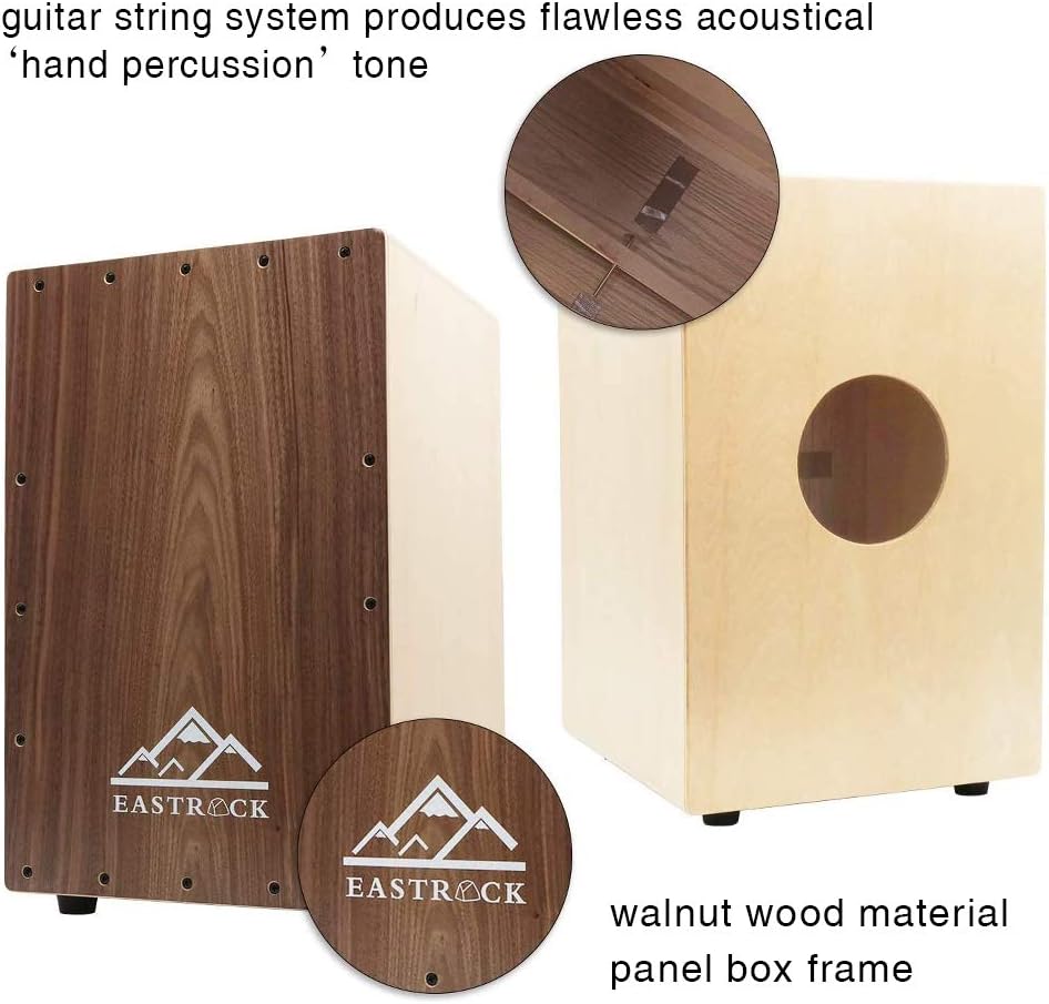 EASTROCK Walnut Wood Cajon Drum Box (12×11.7×18 in) with Internal Guitar Strings – Full-Size Wooden Percussion for Beginners & Professionals with Bag