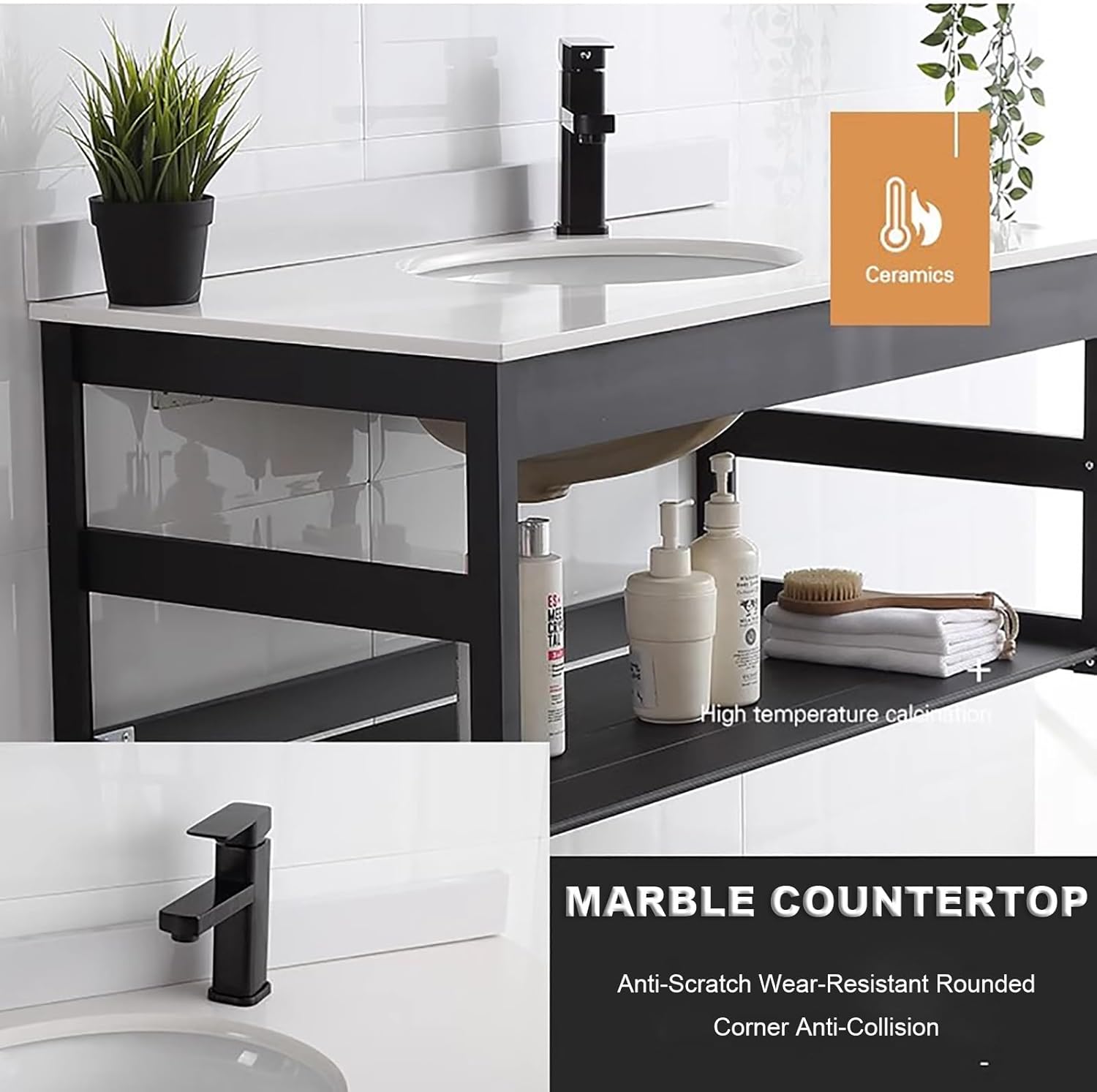 DOSSAE with Corner Mirror Cabinet,Wall Mount Sink,Countertop Corner Vessel Sink,Wall Mount Vessel Sink,Ceramic Vessel Sink,Corner Wall Mount Vanity Sink,for Laundry WC. (Color : Black)