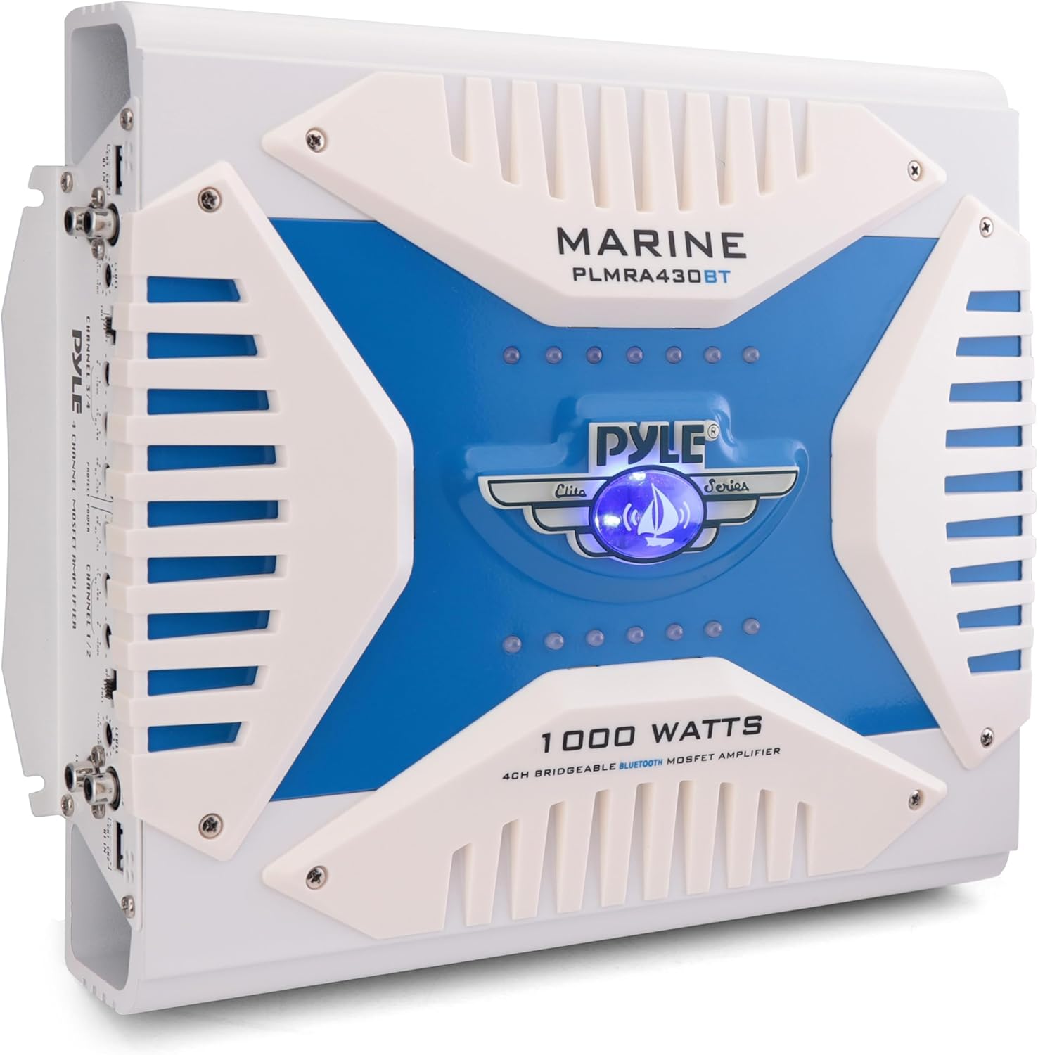 Pyle 2.1 Bluetooth Marine Amplifier Receiver - Waterproof 4 Channel Wireless Bridgeable Audio Amp for Stereo Speaker with 1000 Watt Power Dual MOSFET Supply, GAIN Level and LED Indicator - PLMRA430BT
