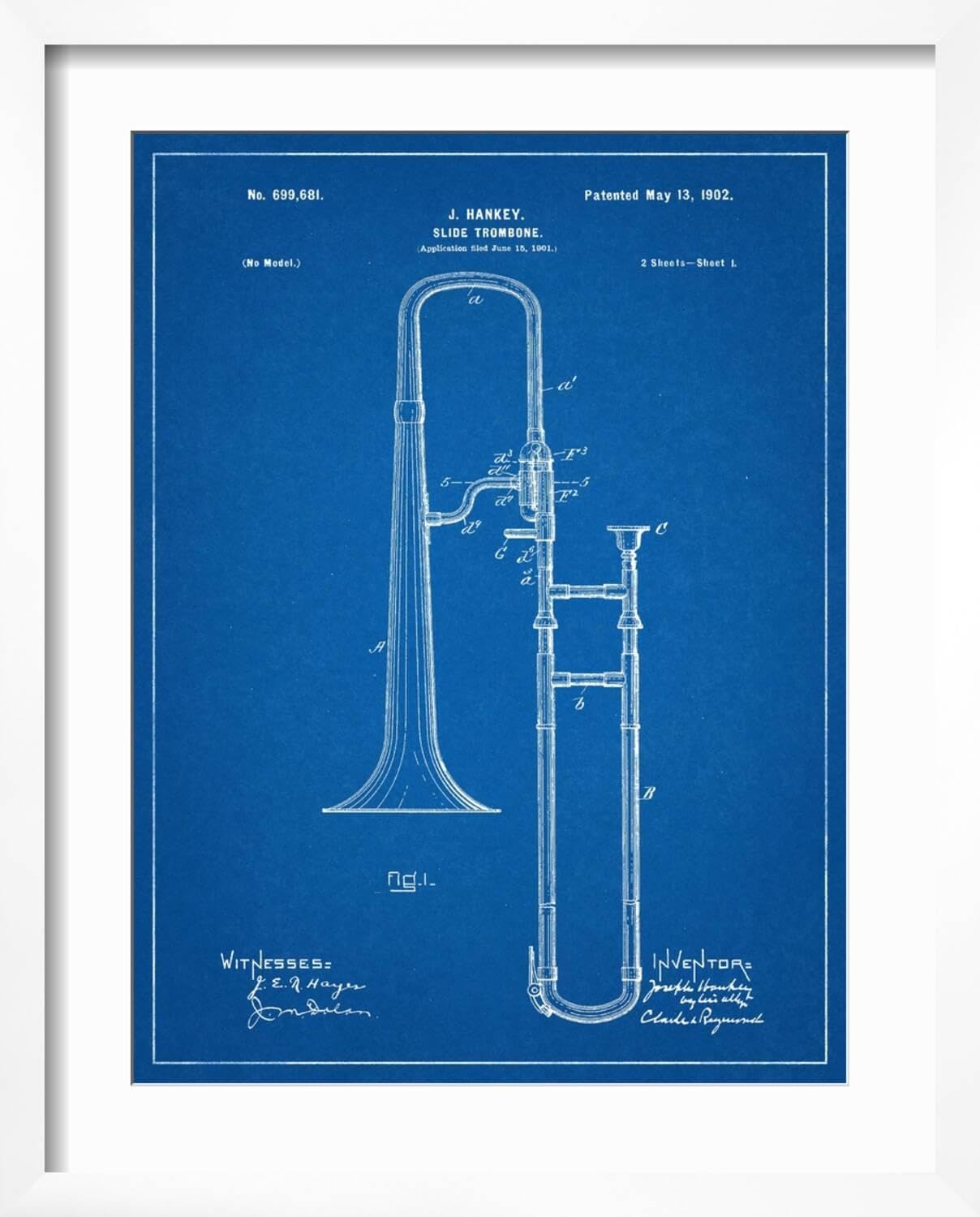 ART.COM Wall Art Print Slide Trombone Instrument Patent on White Frame, 16