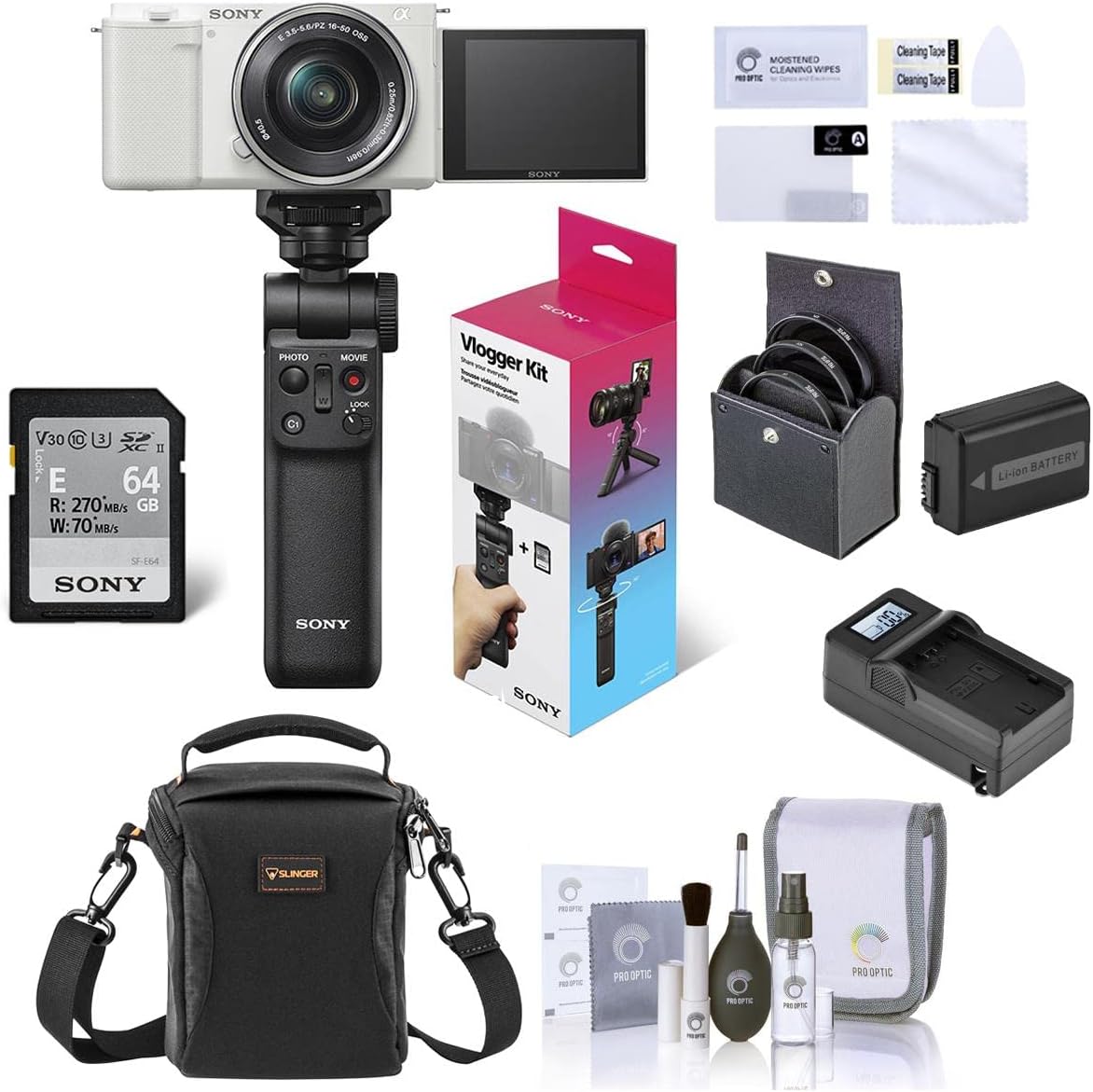 Sony ZV-E10 Mirrorless Vlog Camera with 16-50mm Lens, White - Bundle with Vlogger Accessory Kit, Shoulder Bag, Screen Protector, Extra Battery, Charger, 40.5mm Filter Kit, Cleaning Kit