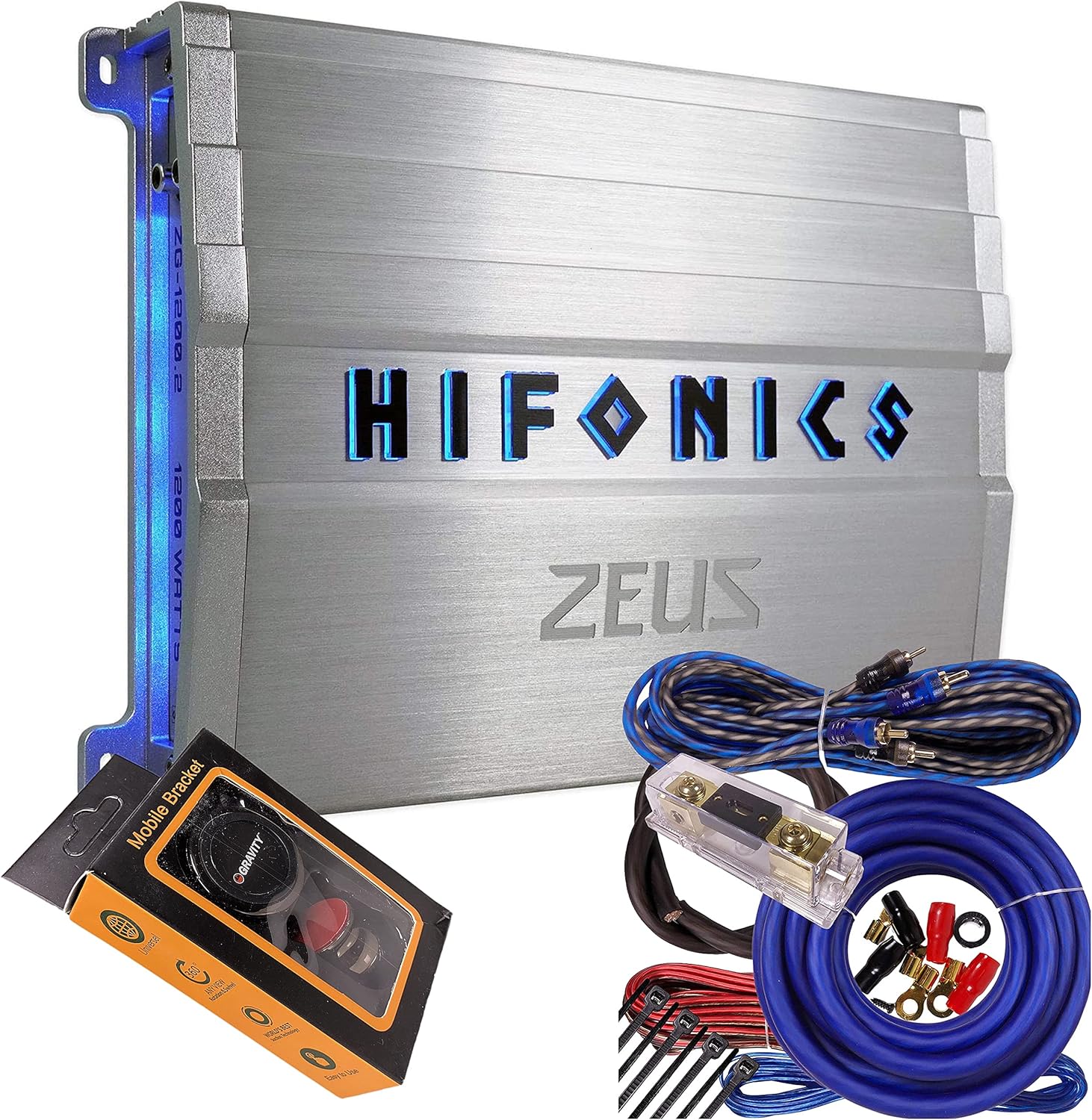Hifonics ZG-1200.2 Zeus Gamma 2 Channel Super A/B Class 1200 Watt Car Audio Sound System Subwoofer Speaker Amp Amplifier with Gravity Magnet Phone Holder and 4 Gauge Kit Blue Bundle