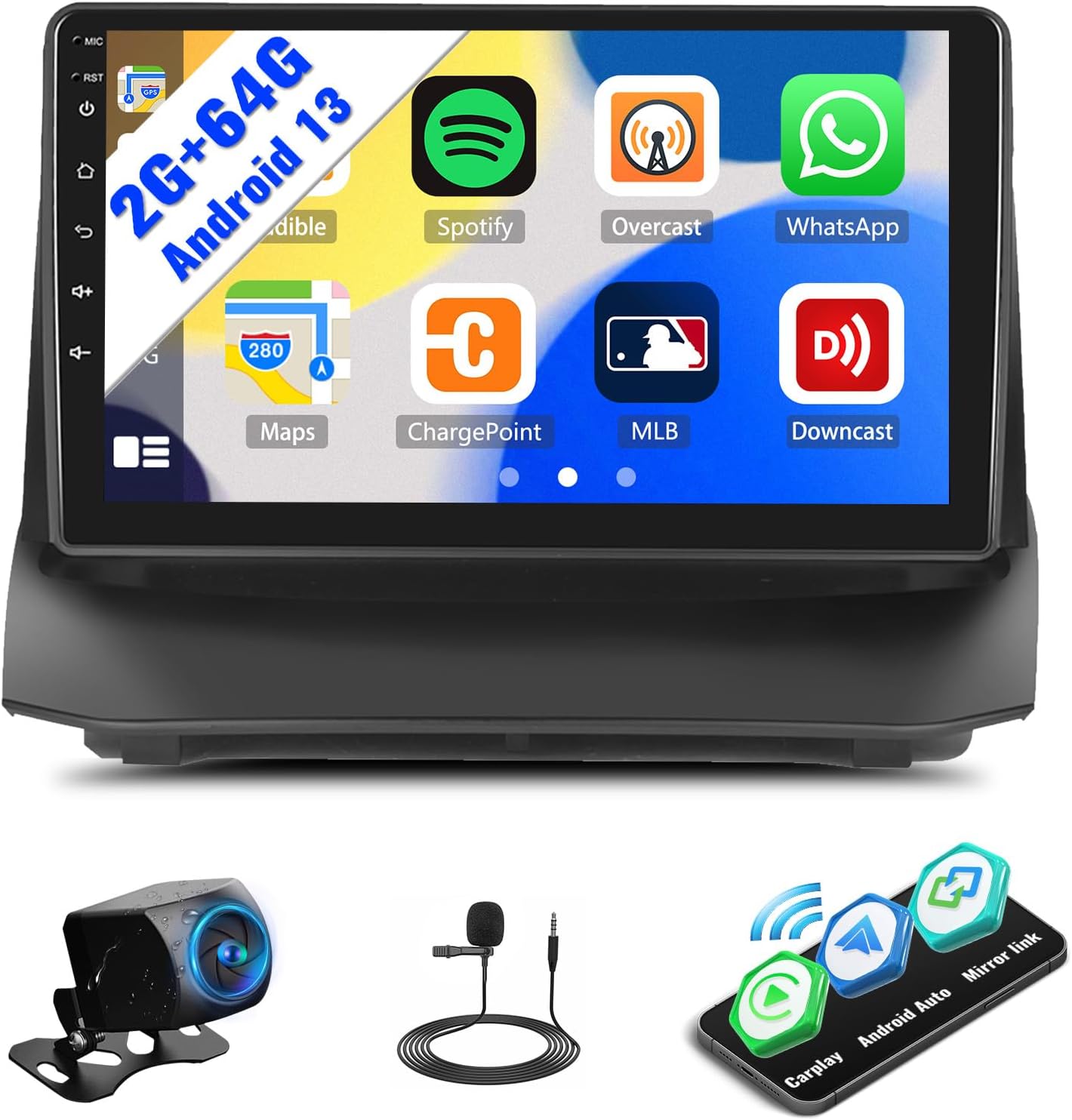 SIXWIN Android Car Stereo for Ford Fiesta 2009-2014 9 Inch Touch Screen with CarPlay Android Auto Mirror Link Bluetooth FM 28UI Backup Camera GPS Navigation WiFi FM SWC MIC 2G+64G