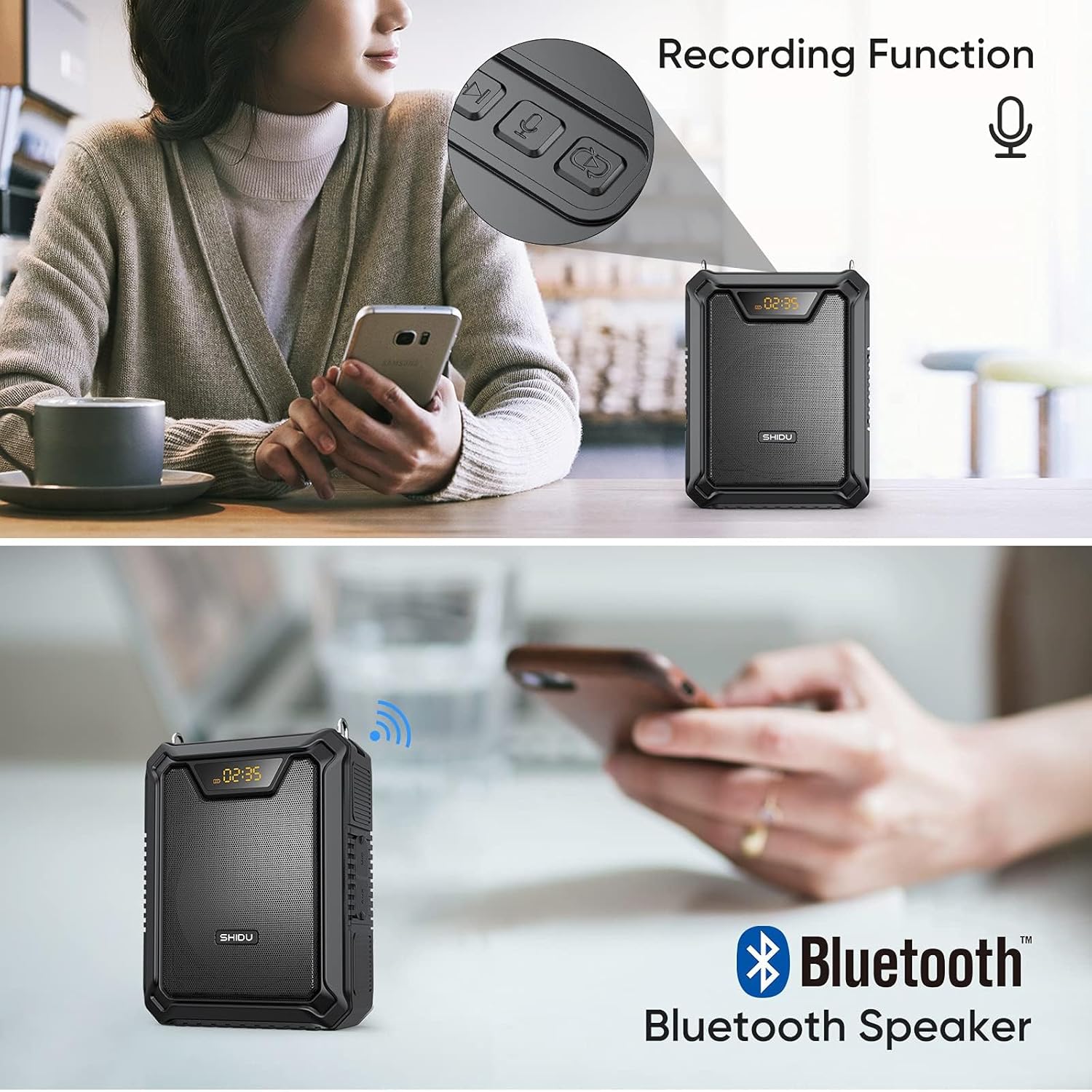 SHIDU 30W Voice Amplifier with Wireless Microphone, IPX6 Waterproof Amplifier Wireless & Wired Microphone Bluetooth Speaker Personal Megaphone for Teachers Meeting Speech Outdoors-M1000