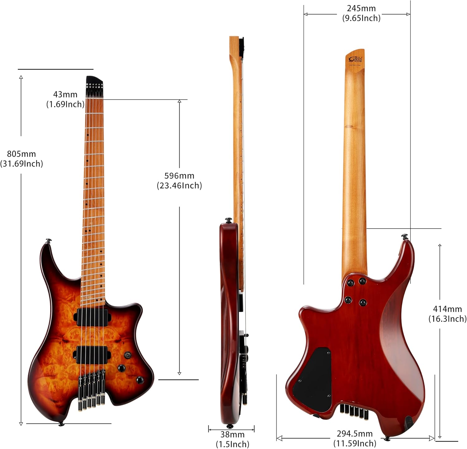 6 String Headless Electric Guitar poplar body Carbon Fibre Maple neck fanned fret