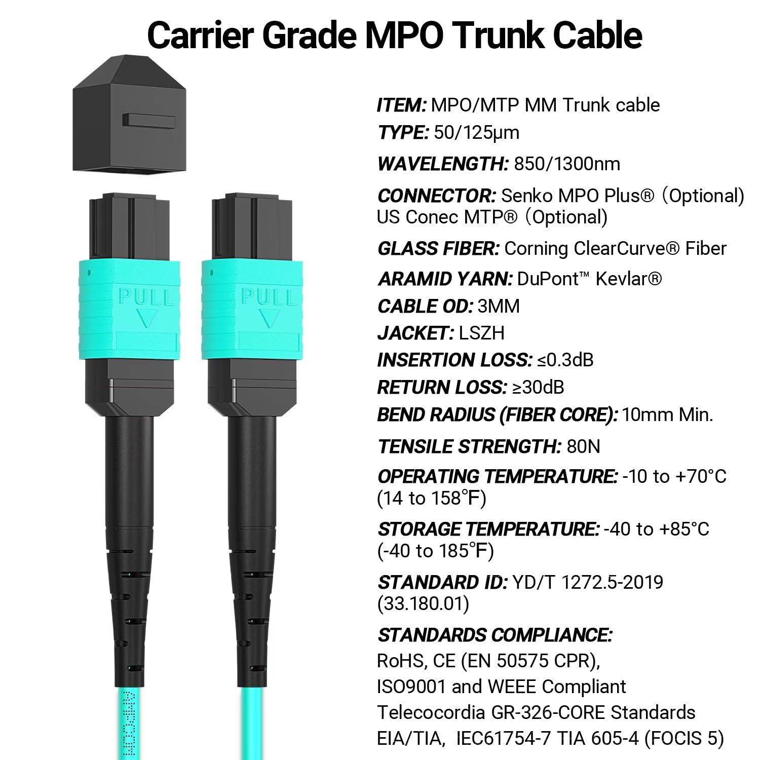 AMPCOM MPO to MPO Trunk Cable 50/125μm Multimode OM3-300 (24 Fiber, MPO to MPO Female, Type B, LSZH/Riser, UPC, Aqua) 30m (98.4ft)