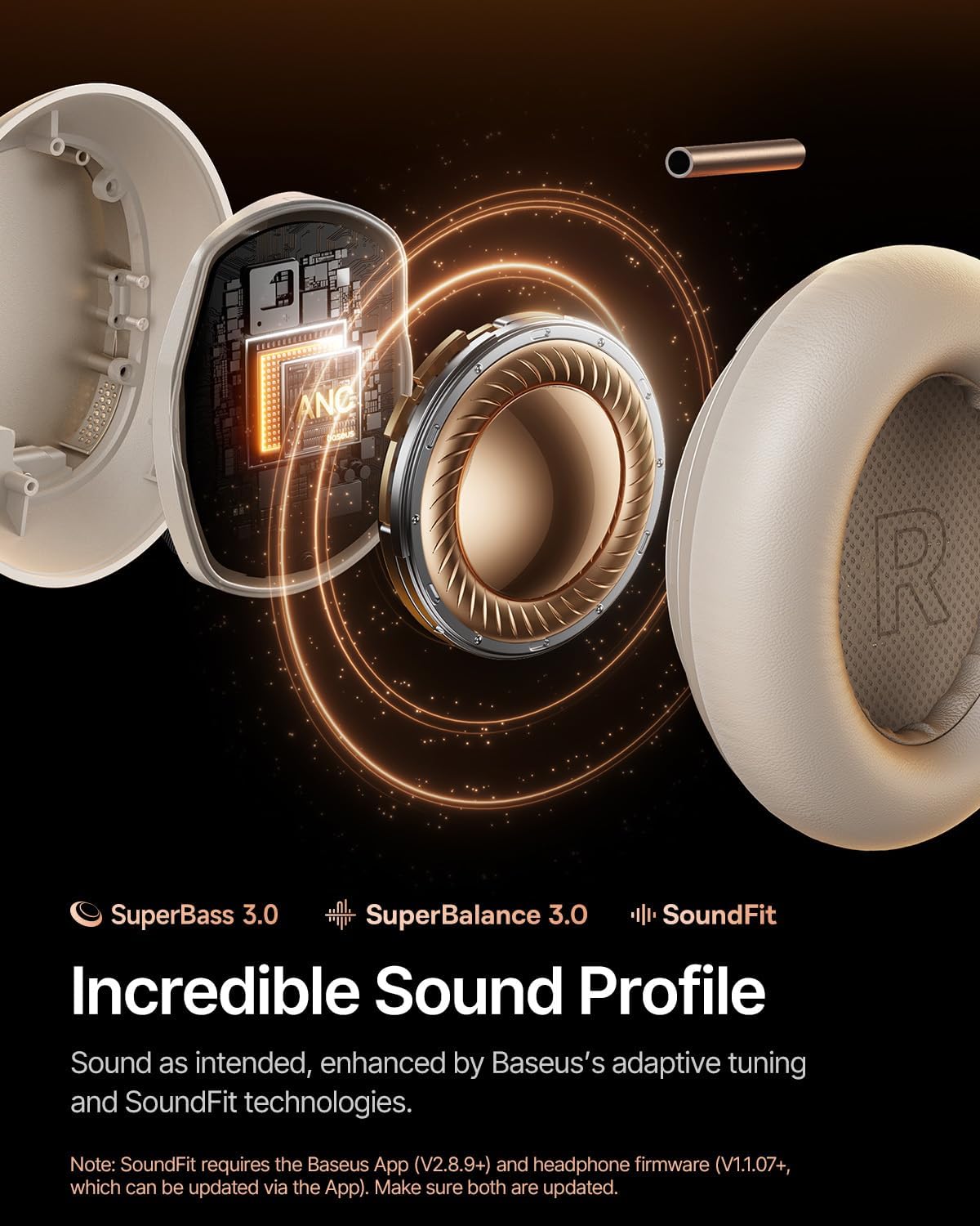 Baseus Inspire XH1 Adaptive Active Noise Cancelling Headphones, Sound by Bose, Dolby Audio, Premium Real-Time Adaptive ANC, Adaptive Rich Sound, Hi-Res Audio, 100H Playtime - Starlight Off-White