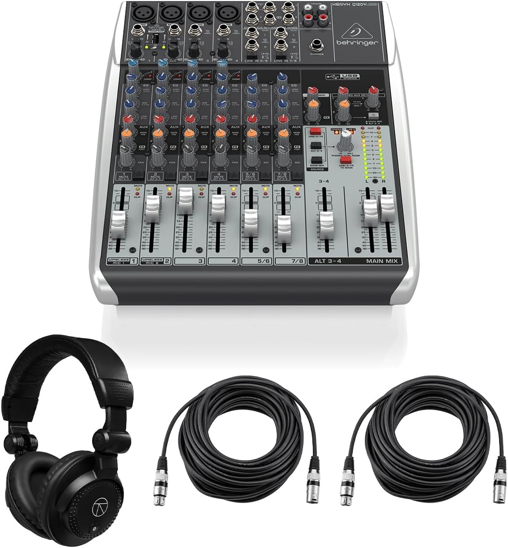 Behringer XENYX Q1204USB Premium 12-Input 2/2-Bus Mixer, Bundle with TAPH100 Headphones and 2x 50' XLR Microphone Cable