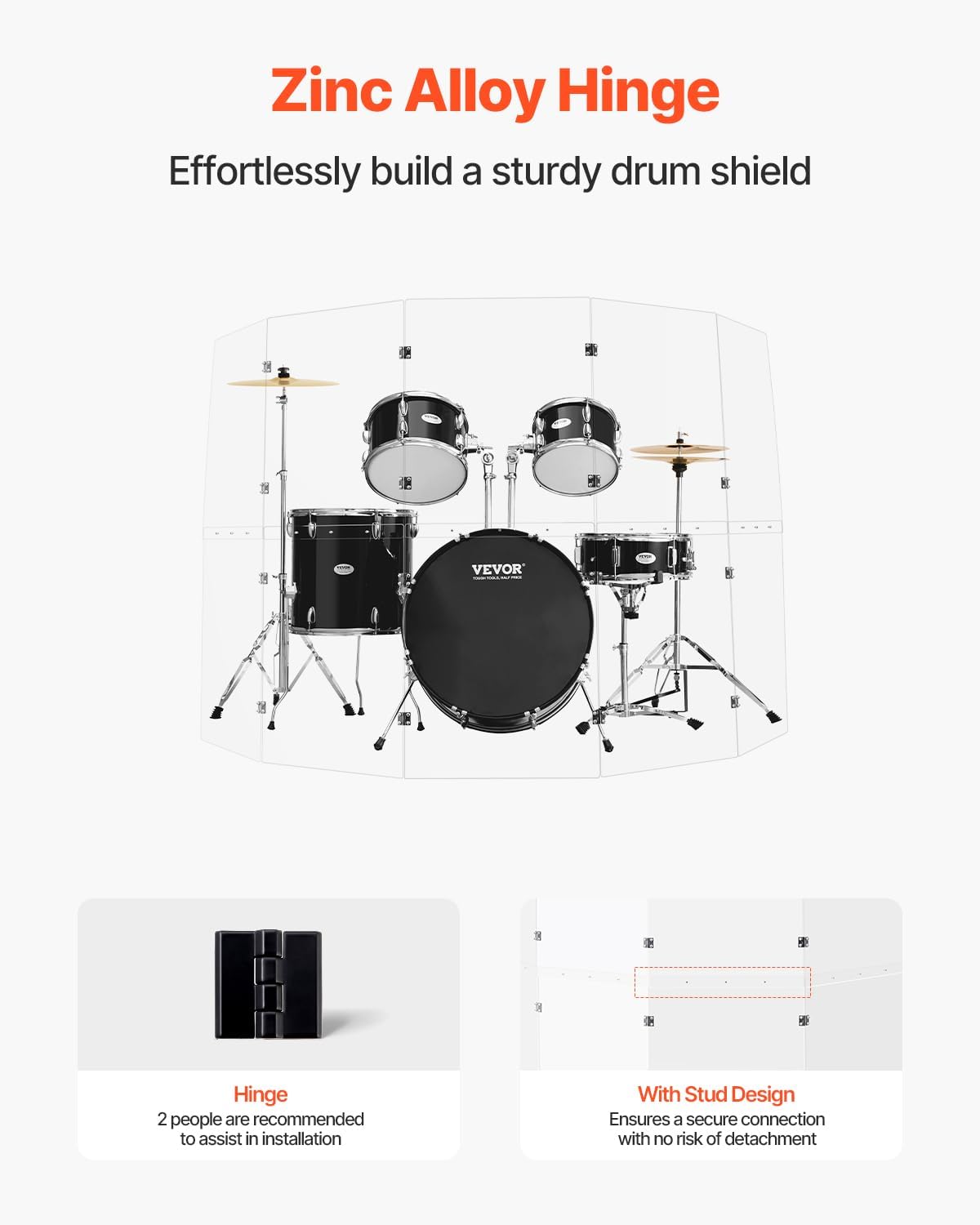 VEVOR 5 Panel 2 ft x 5 ft Portable Acrylic Drum Shield with Zinc Alloy Hinges for Church Concert Halls Music Festivals, Drum Sound Barrier Suitable for Practice Performance