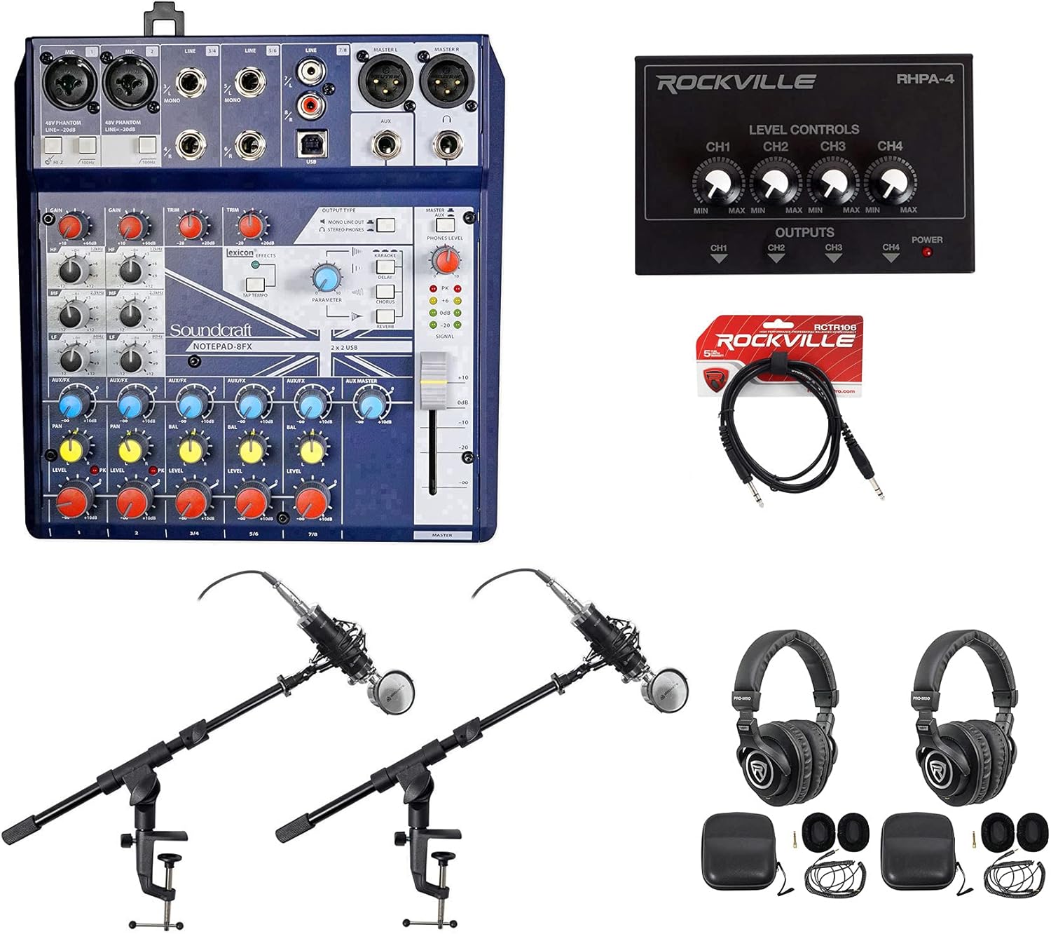 Soundcraft Notepad-8FX Podcast Mixer Bundle with RockvilIe RCM03 Pro Recording Mic, PRO-M50 Headphones, DMS40 40