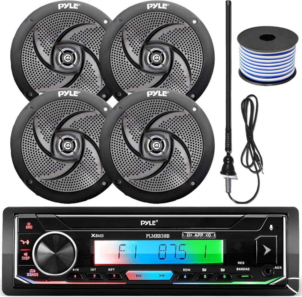 Pyle 16-25' Bay Boat Single DIN Bluetooth Marine Stereo Receiver Bundle Combo with 4X 5.25'' 180 Watt Black Waterproof Boat Speakers, 18 Gauge 50 Feet Speaker Wire, Black Rubber Mast Radio Antenna
