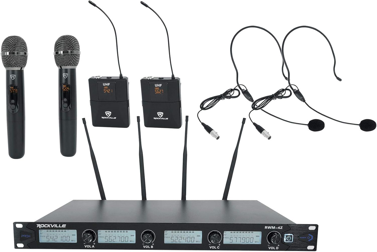 Rockville RWM-4Z Quad Wireless UHF Handheld/Headset Microphone System (4 Mics), 20 Adjustable Frequencies, LCD Display, Metal Build, for Karaoke and Live Events